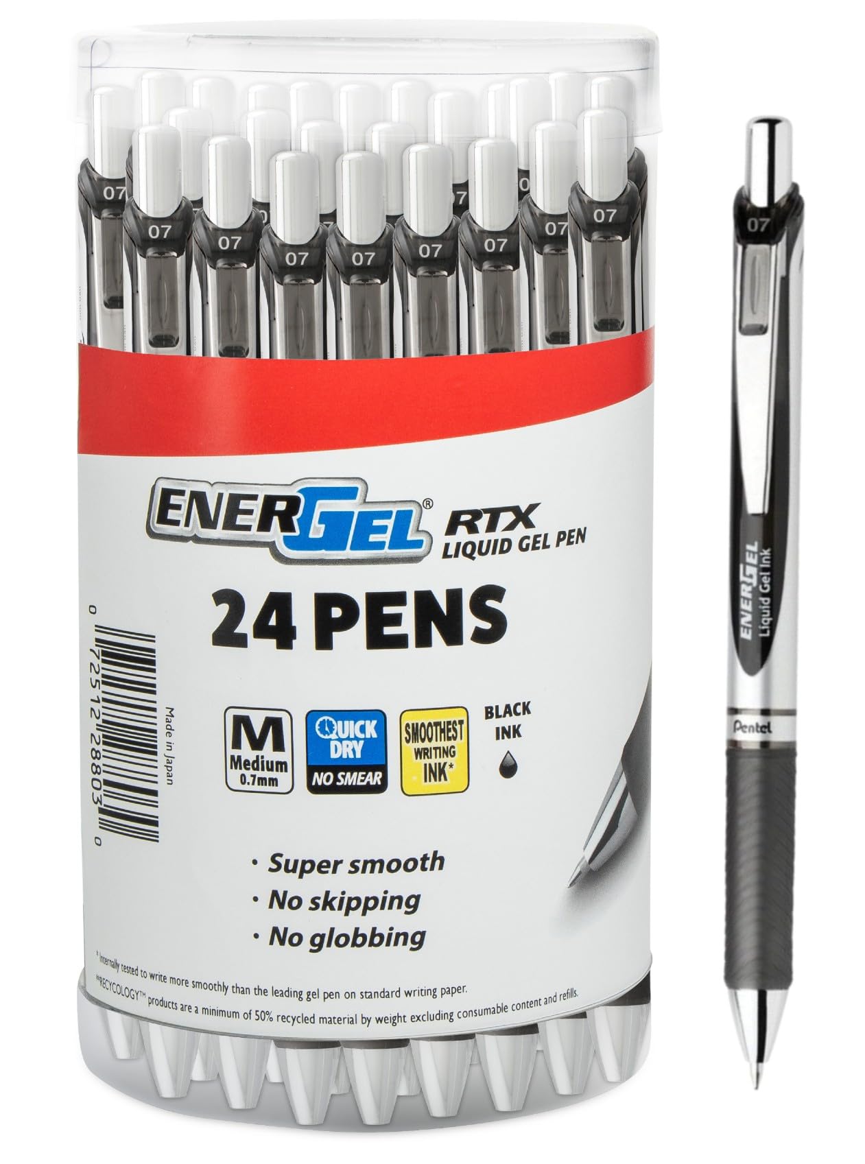 Pentel Energel Liquid Gel Ink Pens 0.7 mm Medium Point, RTX Retractable Metal Tip, Pack of 24