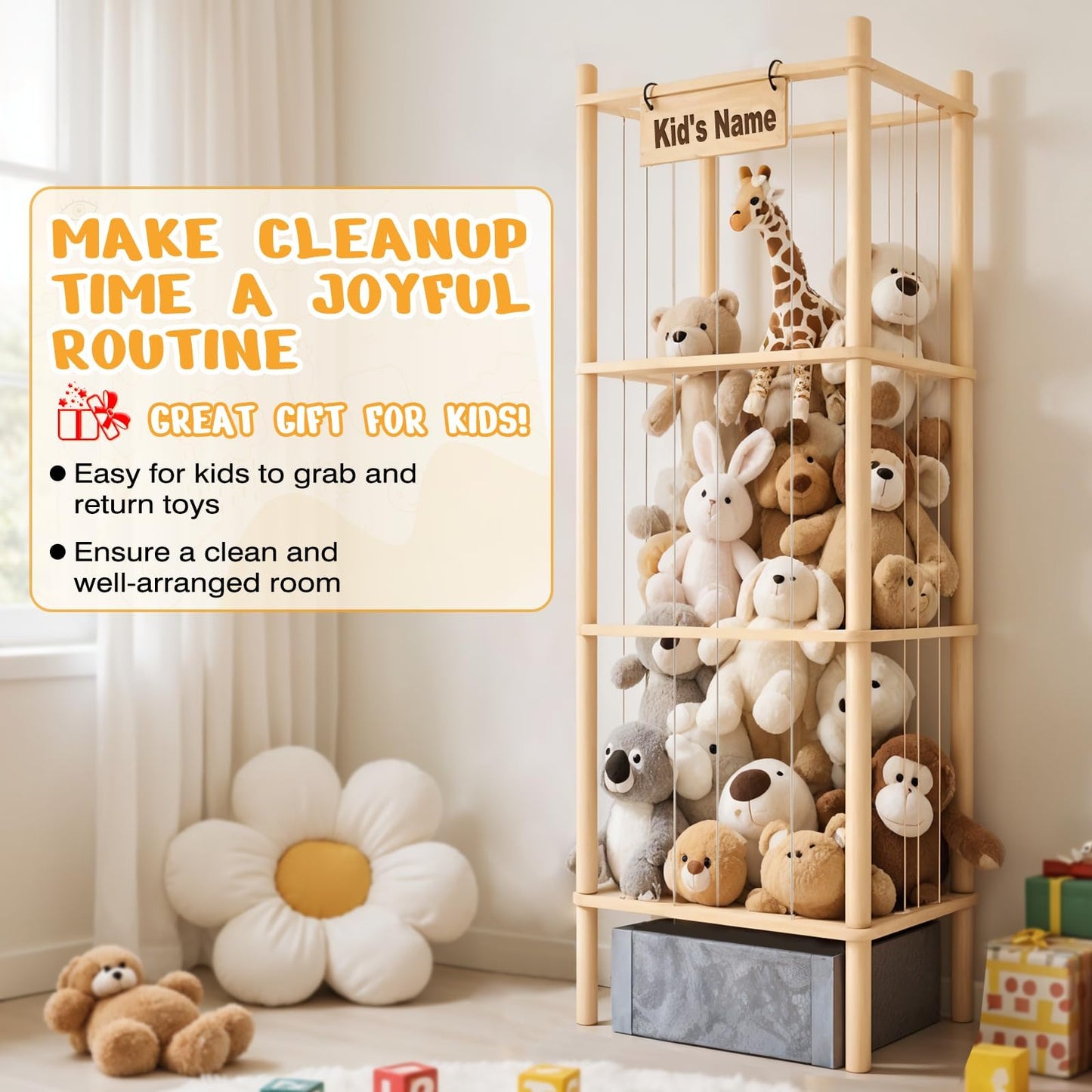 WORLDMX Stuffed Animal Storage with Toys Tray, 57In Large Wooden Stuffy Plushies Storage Holder Extra Large Capacity Stuffed Animals Zoo Organizer for Toddler Rooms, Playrooms & Bedrooms