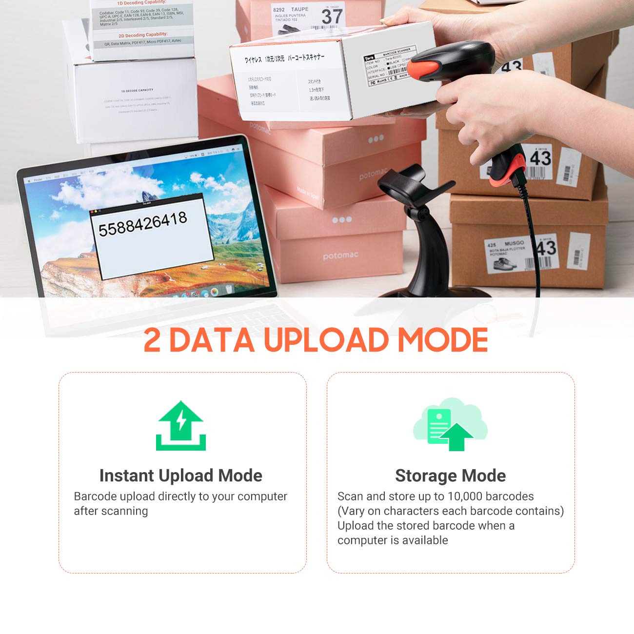Tera Wireless 2D QR Barcode Scanner with Stand, 3 in 1 Compatible with Bluetooth & 2.4GHz Wireless & USB Wired Barcode Reader Handheld Bar Code Reader HW0001