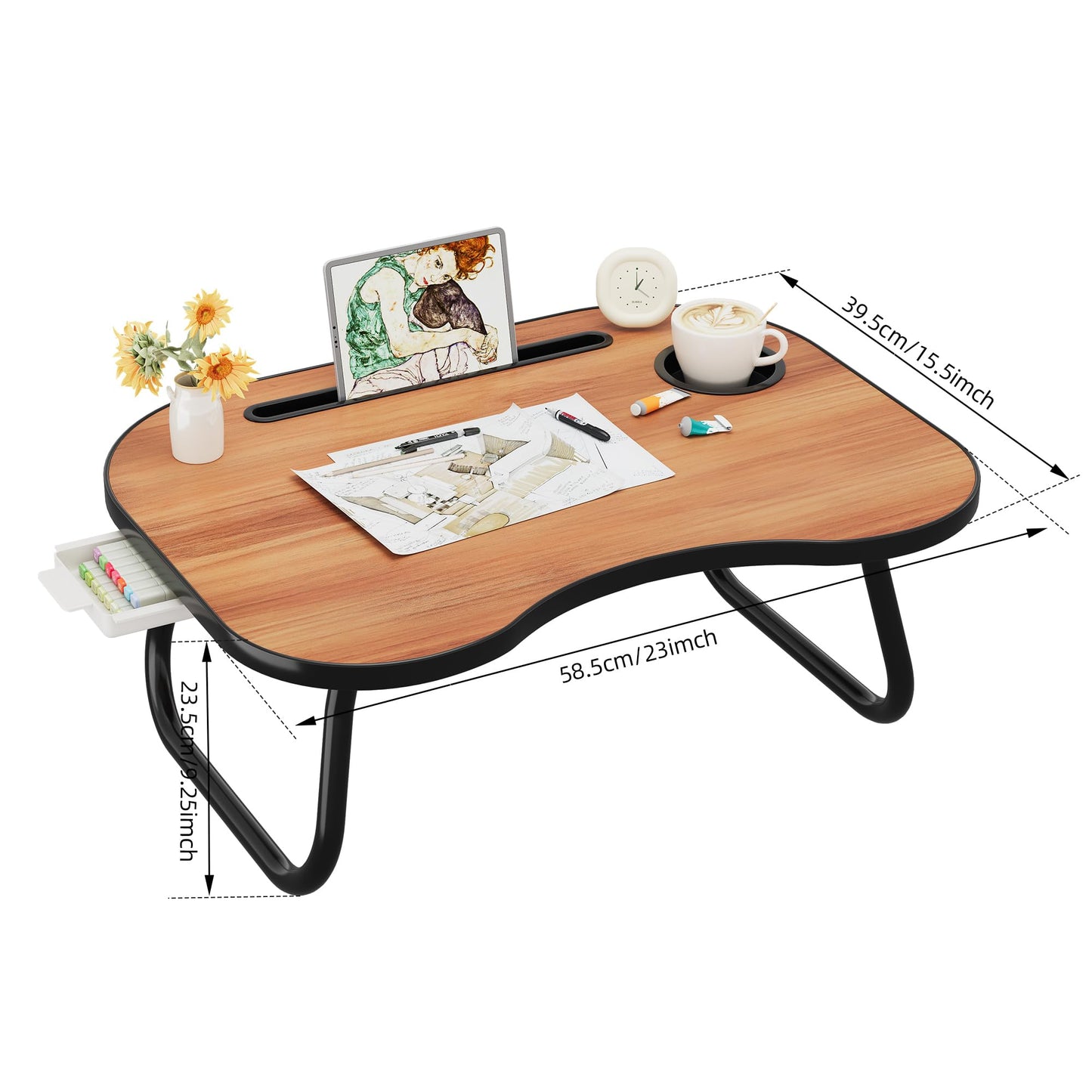 Lap Desk for Laptop Bed Trays for Eating and Laptops Breakfast in Bed Laptop Stand TV Trays for Bed with Cup Holder/Drawer for Sofa/Couch Portable Foldable (Black Walnut, L(23×16")+Drawer)
