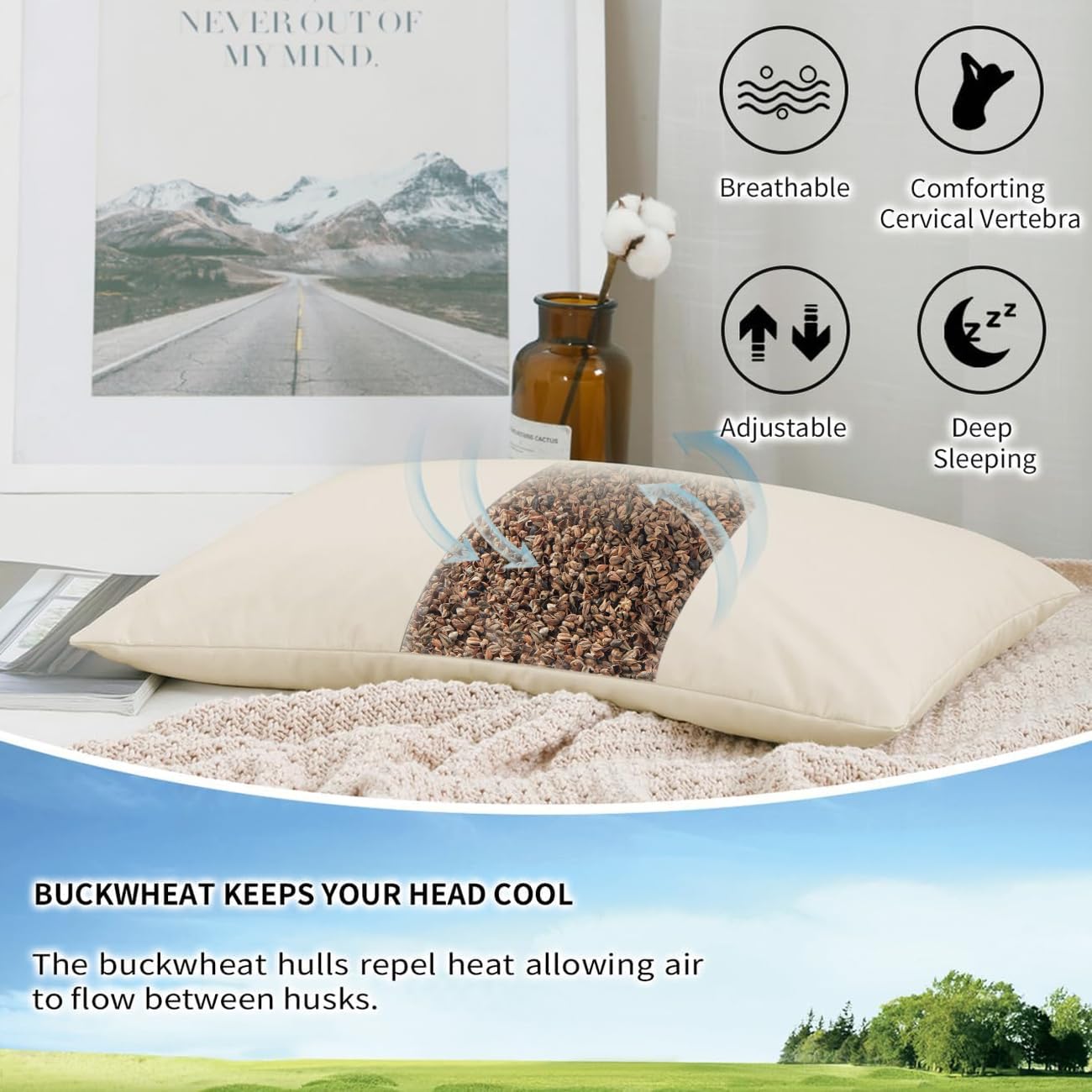 LOFE® Organic Buckwheat Pillow for Sleeping with Organic Cotton Pillowcase - 20''x26'' Adjustable Pillow, Breathable for Cool Sleep, Cervical Support for Back and Side Sleeper(Tartary Buckwheat Hulls)