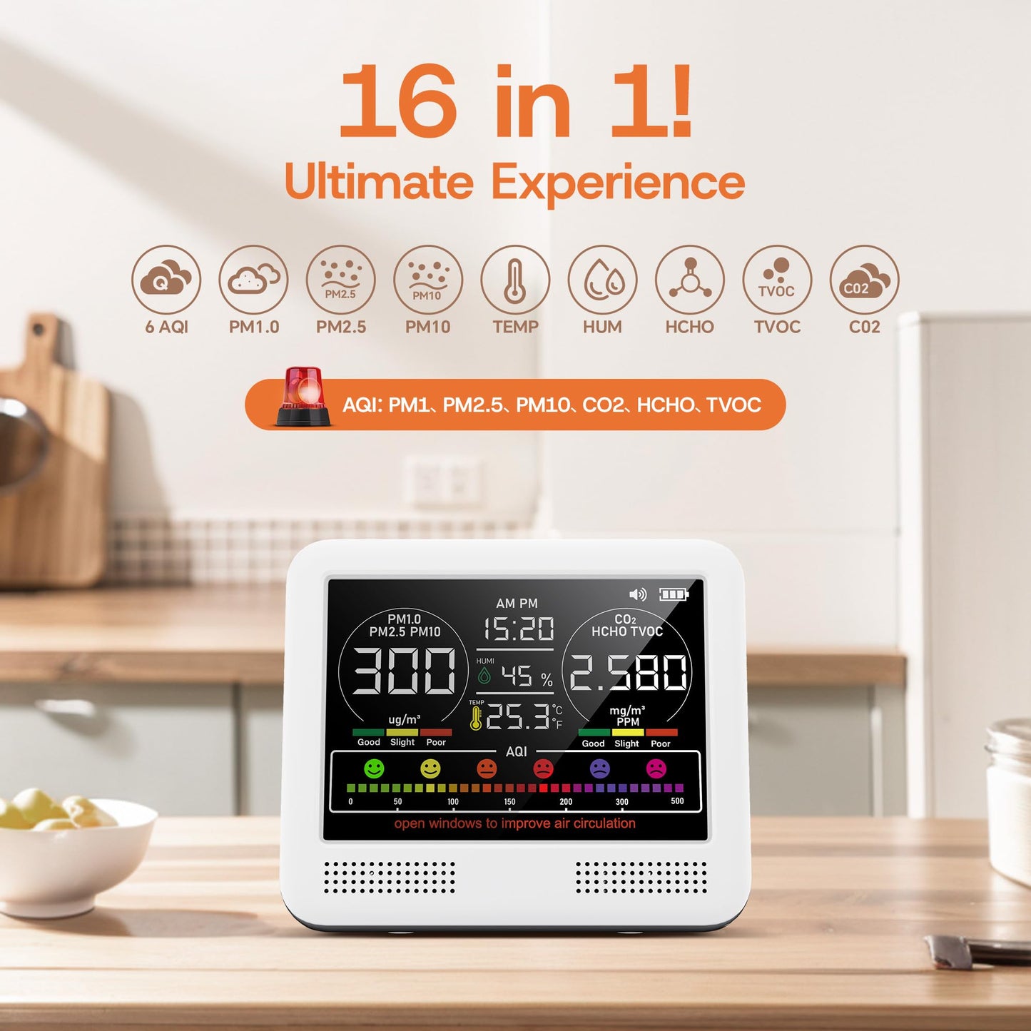 16-in-1 Indoor Air Quality Monitor with PM1.0,PM2.5,PM10,CO2,HCHO,TVOC,Temperature,Humidity,Time Display &7 AQI Alarms – Professional Air Quality Tester for Home, Office & Indoor Use (Creamy White)