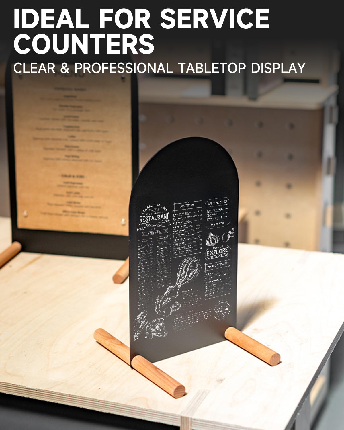 Metal Tabletop Menu Stand with Magnetic Holders and Chalk Writable Surface, Reusable Cafe Display Board with Wooden Base for Restaurant Bakery Retail Counter Menu, Daily Specials and Price Signs