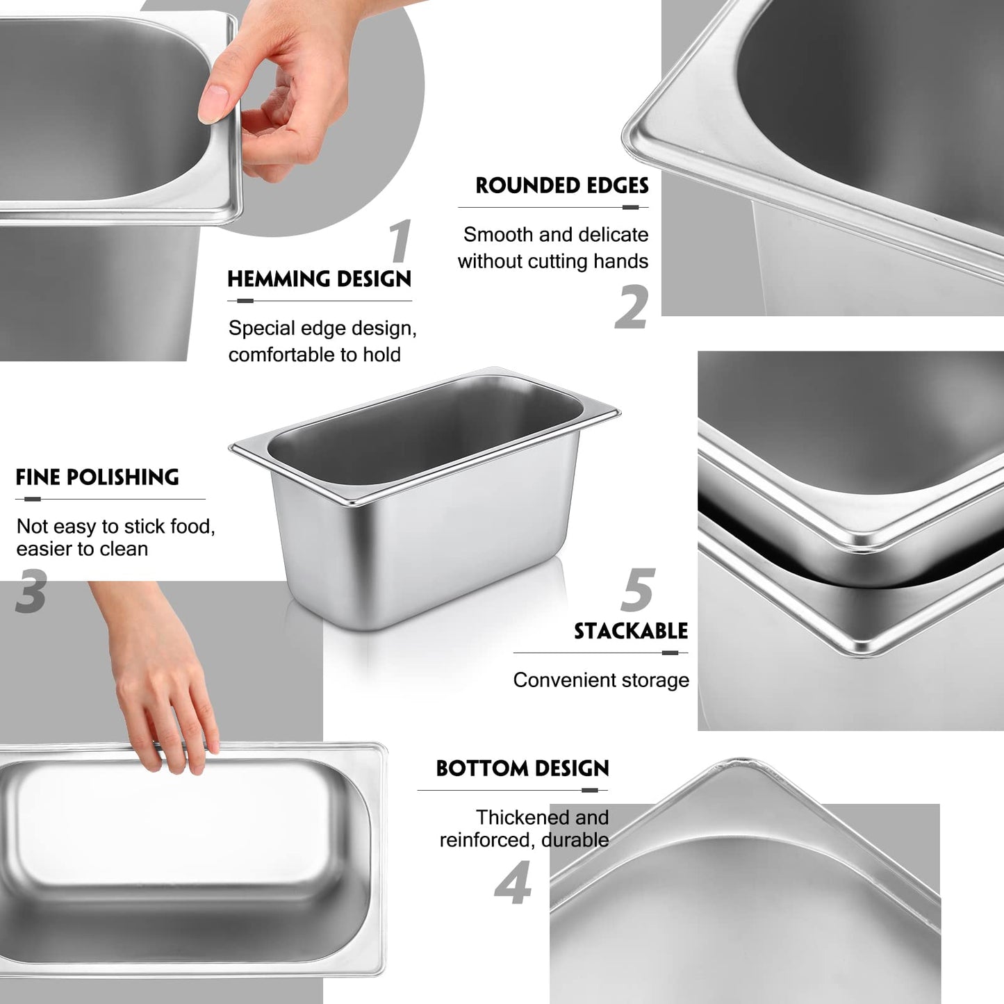 10 Pack Hotel Pans Stainless Steel Steam Table Pan 1/3 Size, 0.8 mm Thick Anti Jam Warming Pans for Food Warmer Restaurant Catering Supplies, 12.8 x 6.9 Inch(6 Inch Deep,Standard)