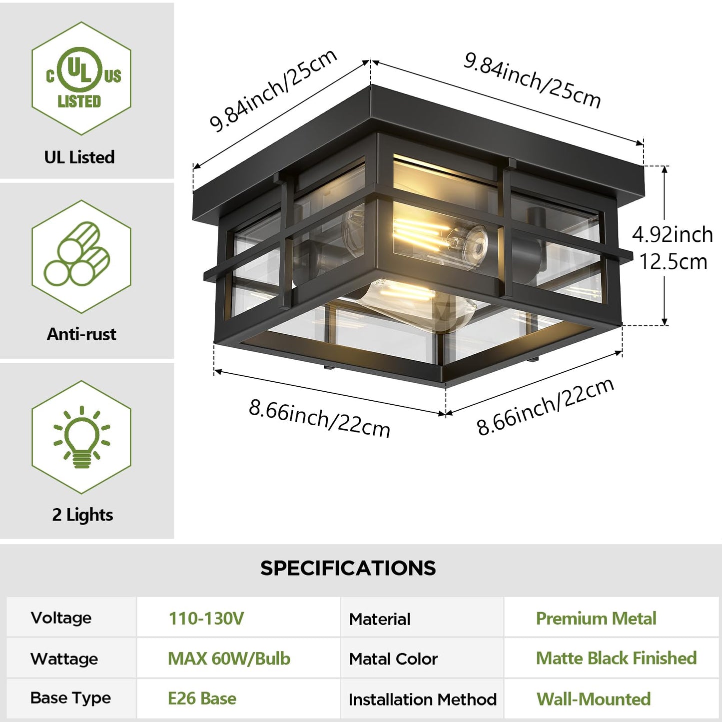 Asnxcju Modern Outdoor Ceiling Light Fixtures, 2-Light Black Flush Mount Light Fixtures with Clear Glass Shade, Farmhouse Square Ceiling Lighting for Porch Bathroom Kitchen (Bulbs Not Included)