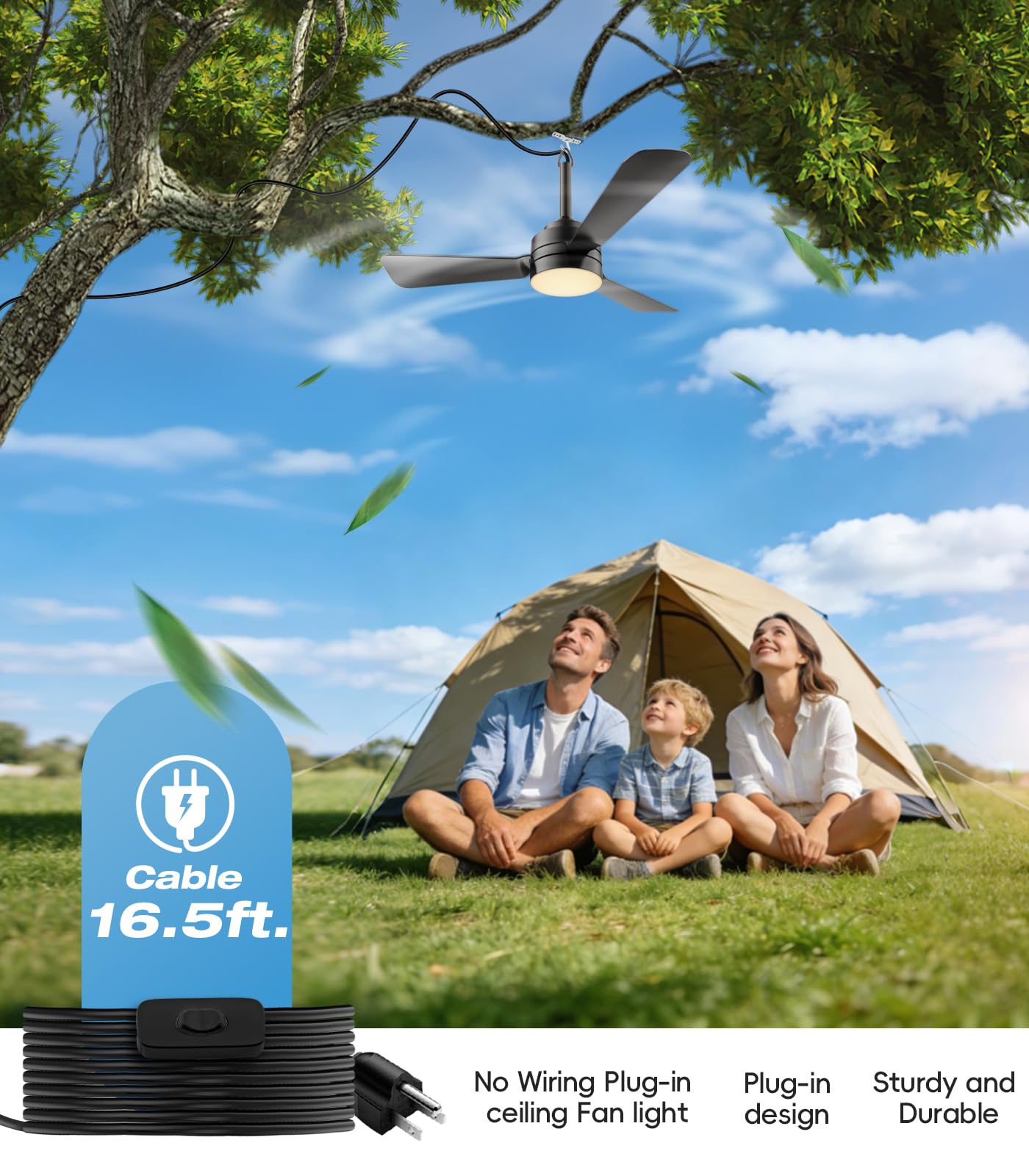 aetherlume 28 inch Plug-in Ceiling Fan Light with16.5ft long cord, Gazebo fan light Dimmable 3CCT LED,Reversible,Portable Hook Design for Bedroom Garage Tent Porch Kitchen patio