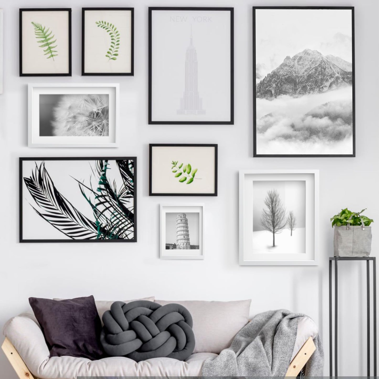 Wiscet 11x14 Picture Frame Set of 9, Display Pictures 8x10 with Mat or 11x14 without Mat, Photo Frame for Wall Mounting or Tabletop Display, Black.