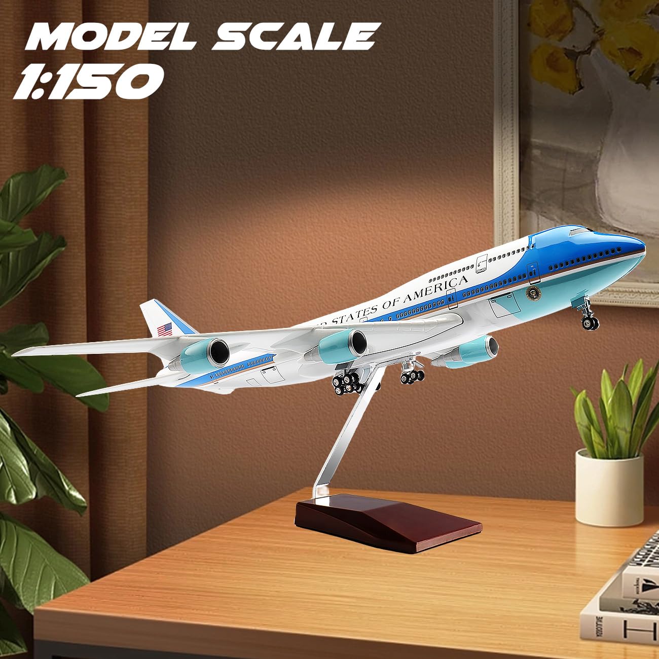 1/150 Scale Diecast Airplane US Airlines Boeing 747 Air Force Planes Model 18.5”Aircraft Model with Landing Gear Voice Control Cabin Light Aircraft Model for Collection