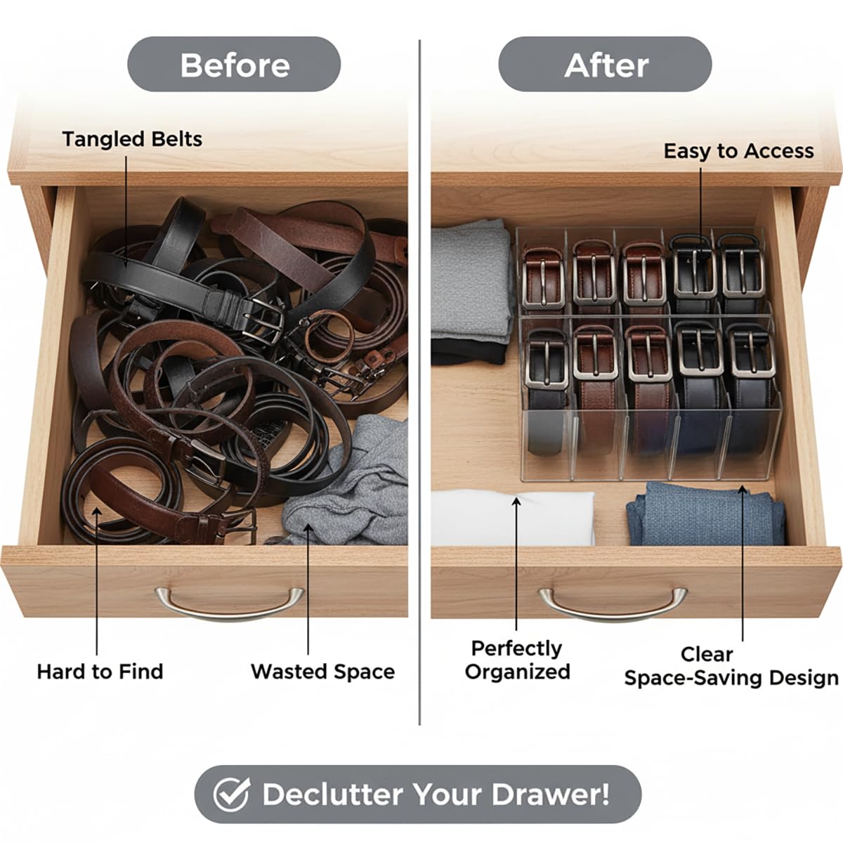 Hualinsyi Belt Organizer,Acrylic Belt Organizer for Closet with Removable Dividers 5 Compartments & Handles Drawer organization and storage for Purse,underwear, Socks,and Ties (2pack)