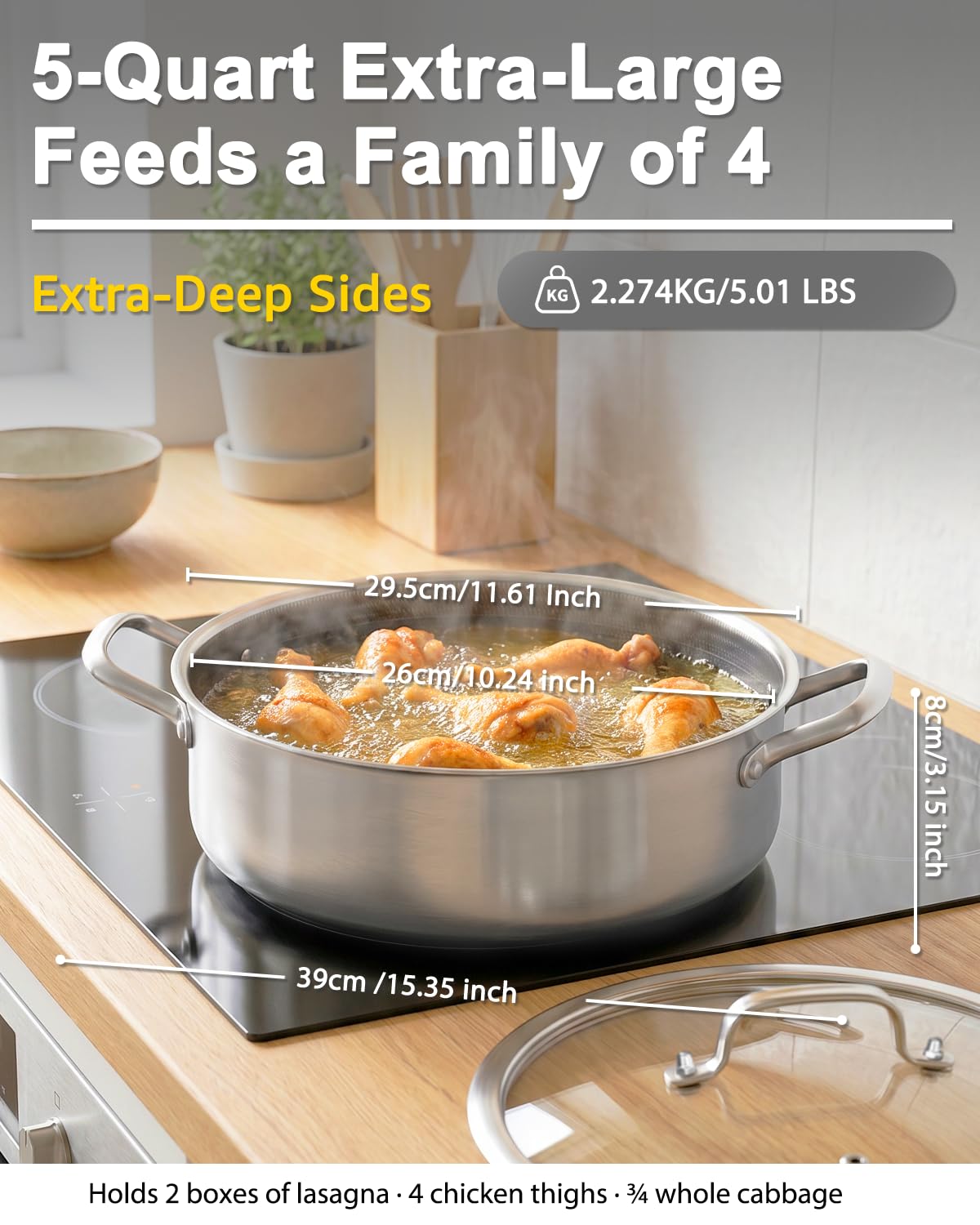 LOLYKITCH 5 QT Hybrid Ceramic Non Stick Tri-Ply Stainless Steel Sauté Pan with Lid,12 Inch Jumbo Cooker,PFOA & PFOS Free,Induction Cooking Pot, Dishwasher and Oven Safe