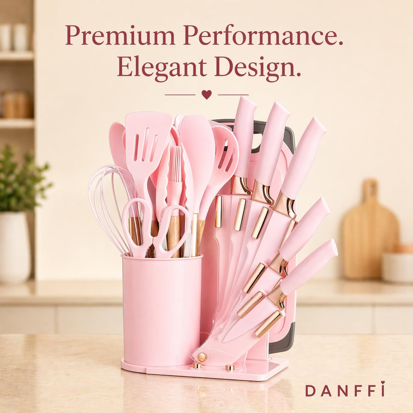 19-Piece Pink Kitchen Utensils Set with Knife Set & Cutting Board - Silicone Cooking Utensils with Wooden Handles, Rose Gold Accents, Scissors, Whisk & Tongs - BPA-Free Pink Kitchen Gift Set