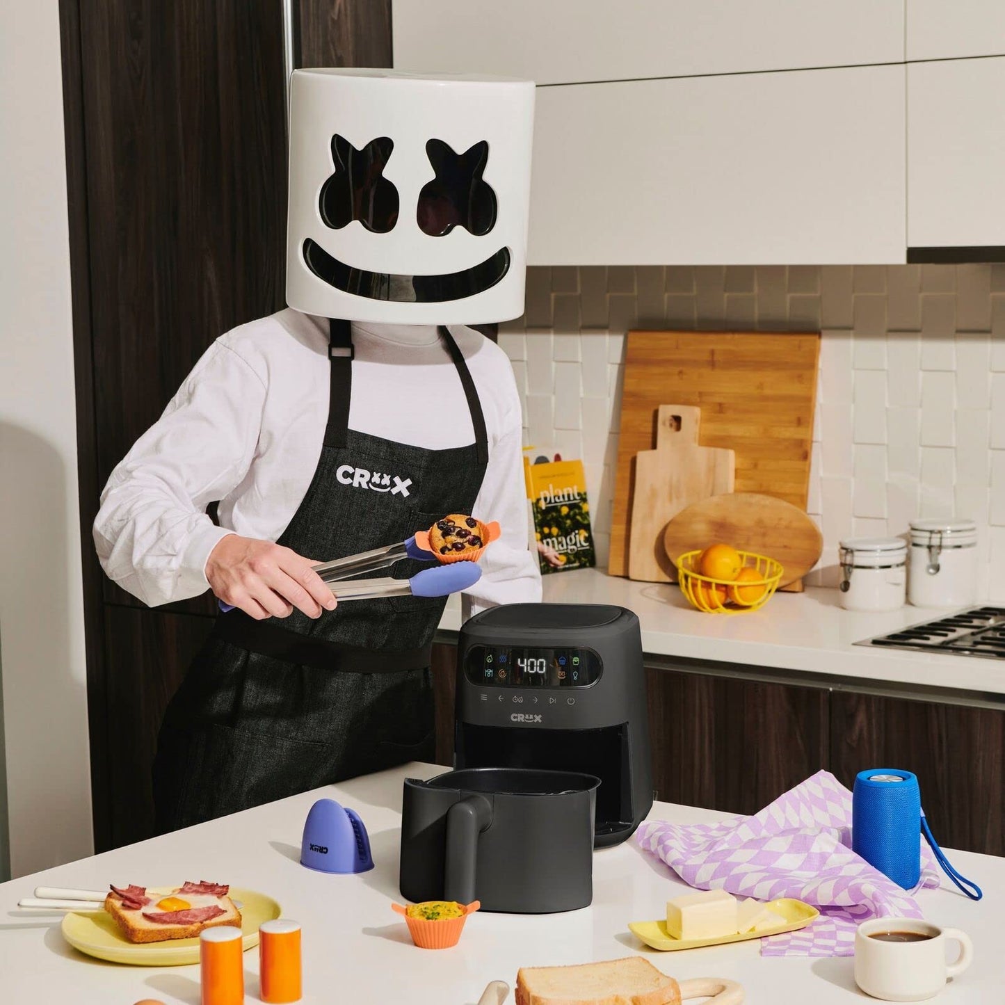 CRUX x Marshmello 3.0 QT Digital Air Fryer with TurboCrisp Technology, Touch Screen Temperature Control, Timer and Auto Shut-off, Fully Programmable, Silicone Cupcake Molds Included, Black
