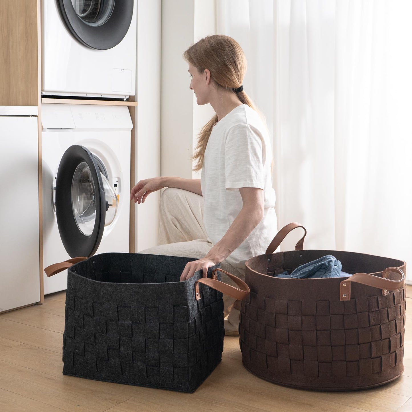 boldmonkey Blanket Basket 15 " x15 x13 2 Pack, Fabric Large Basket with Leather Handle, Dirt Clothes Laundry Basket Round for Babies, Dogs and Living Room-Brown