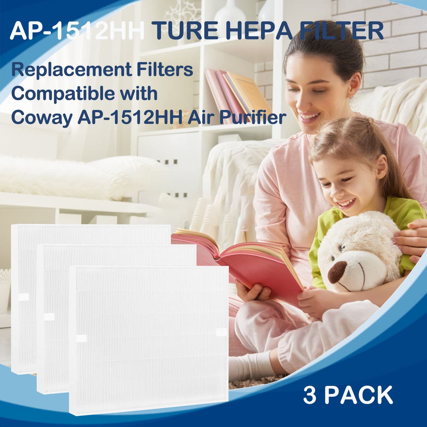 AP-1512HH True HEPA Filter Replacement Compatible with Coway Airmega AP-1512HH Mighty and Airmega 200M Air Cleaner Purifier, AP-1518R, AP-1519P, Item NO #3304899, 3 Pack HEPA Filter Only