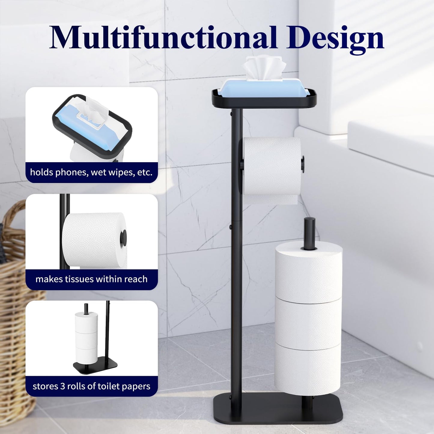 Kitsure Toilet Paper Holder Free Standing – Rustproof Metal Toilet Paper Stand for 4 Rolls with Anti-Slip Base and Shelf for Phone & Small Items, Bathroom Organizers and Storage, Medium, Black, 2Pack