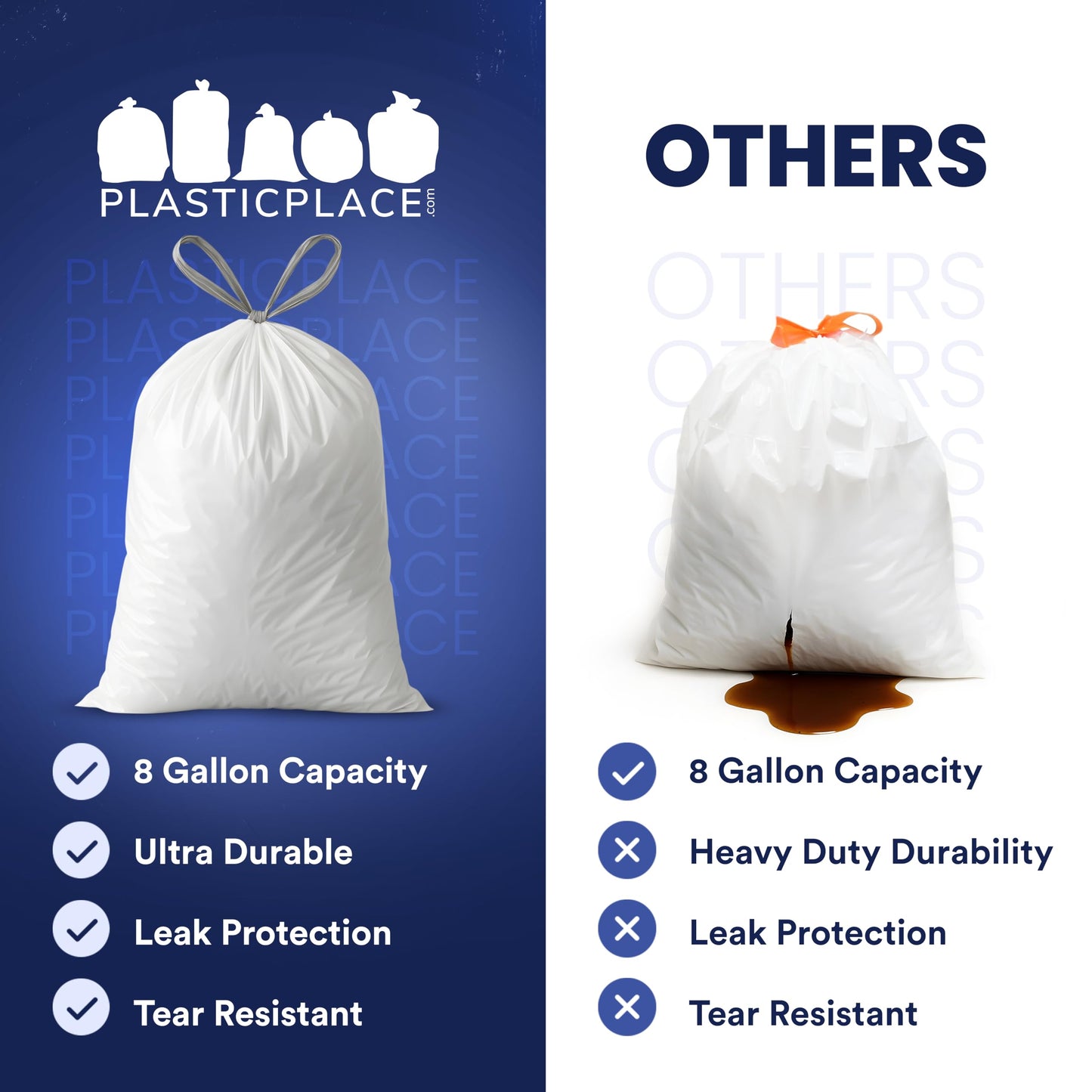 Plasticplace 8 Gallon Trash Bags -White Drawstring Garbage Can Liners - 200 Count - Leak-Resistant and Tear-Proof for Kitchen, Bathroom, Office, and Small Trash Cans 0.7 Mil
