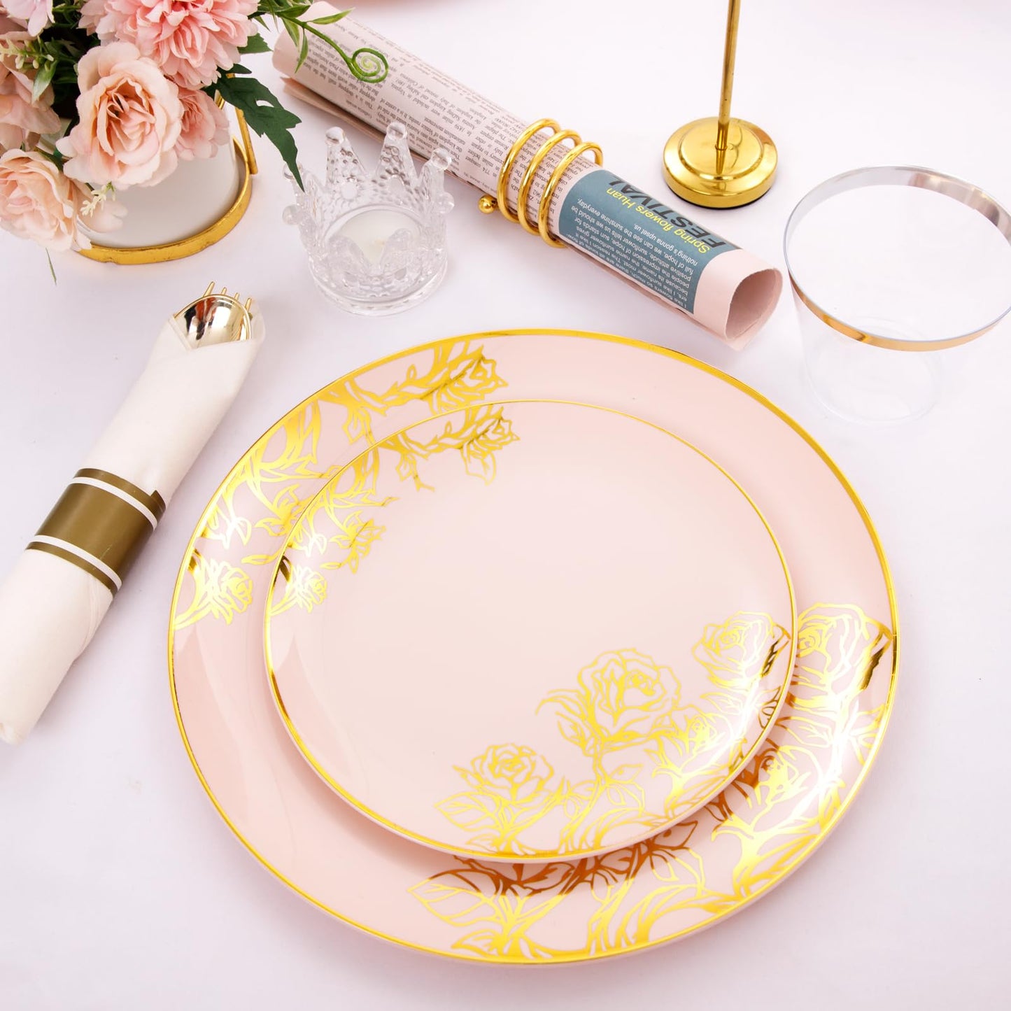 DaYammi 210Pcs Pink Plastic Plates,Pink Gold Floral Disposable Dinnerware Set-30 Dinner Plate,30 Salad plate,30 Per Rolled Napkins with Gold Cutlery,30 Cups,Fancy Party Plates for Wedding Party