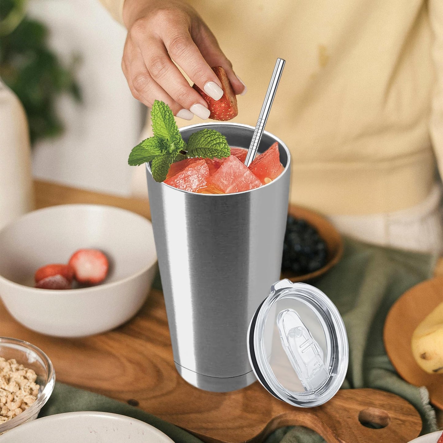YOUKE OLA 12 Pack Insulated Coffee Tumbler Stainless Steel Double Wall Vacuum Travel Tumbler Cup with Lid and Straw for DIY Gift, Silver 20oz