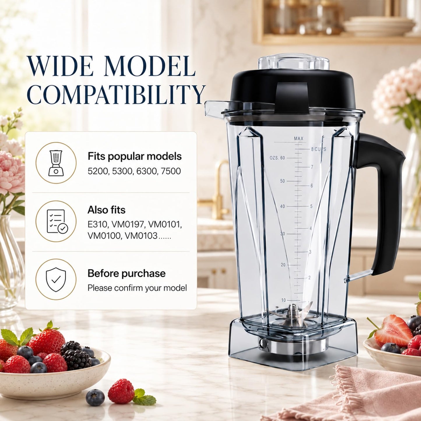 Nikkar Blender Pitcher 64oz Replacement Pitcher Compatible with 5200 6300 5000 VM0101 VM0102 VM0103 VM0197 6000 Classic/Explorian/Commercial Blender Cup