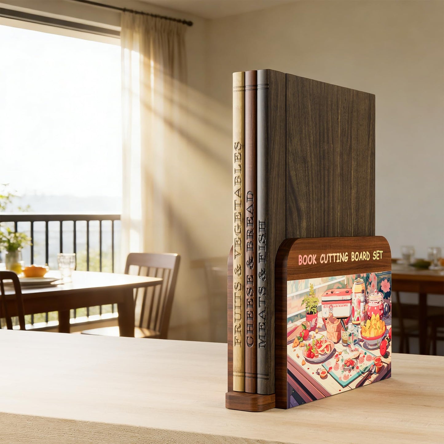 Premium Book Cutting Board Set – Crafted from 100% Black Walnut, Sapele, and Bamboo A Stylish Base With Cartoon Designs | Decorative and Functional Kitchen Essential(Walnut, Sapele, Bamboo)