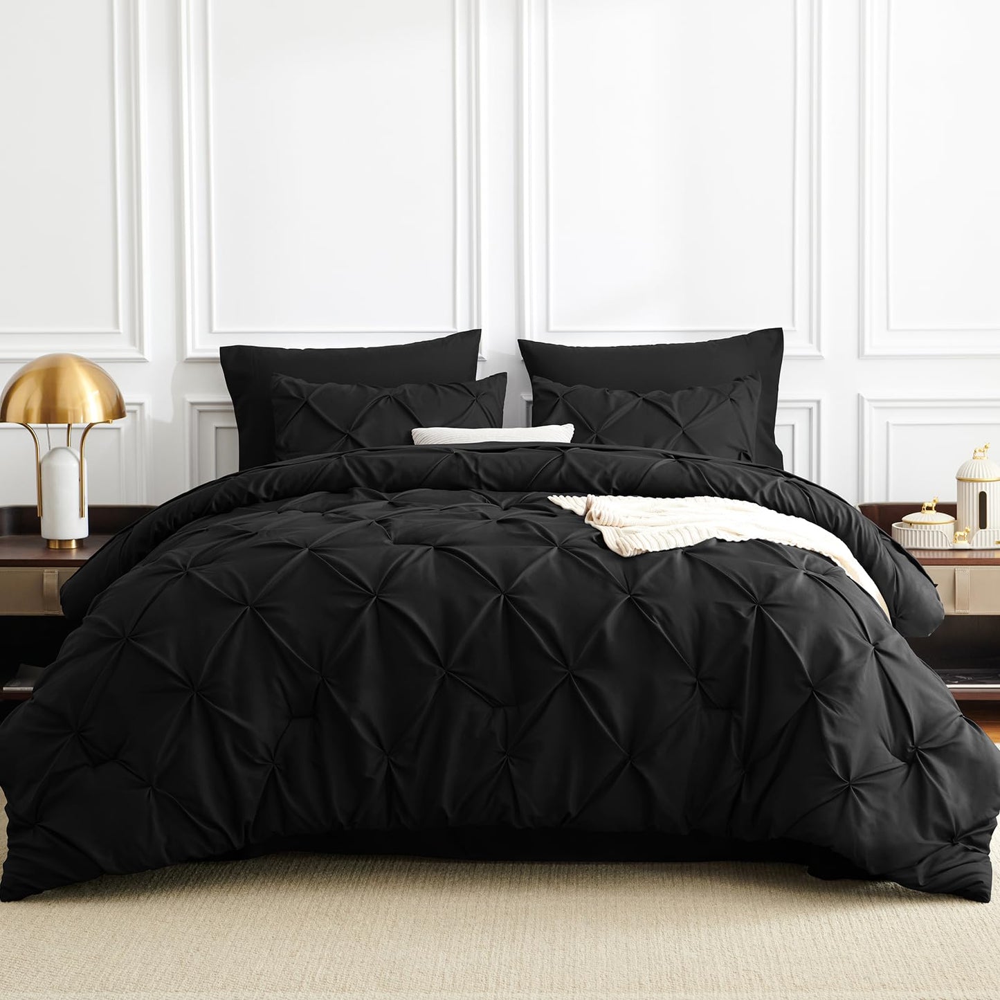 CozyLux Queen Comforter Set Black, 7 Pieces Pintuck Bed in A Bag, All Season Comforter Queen Size, Bed Set Gift for Family, Pinch Pleat Bedding Sets with Comforter, Sheets, Pillowcases & Shams