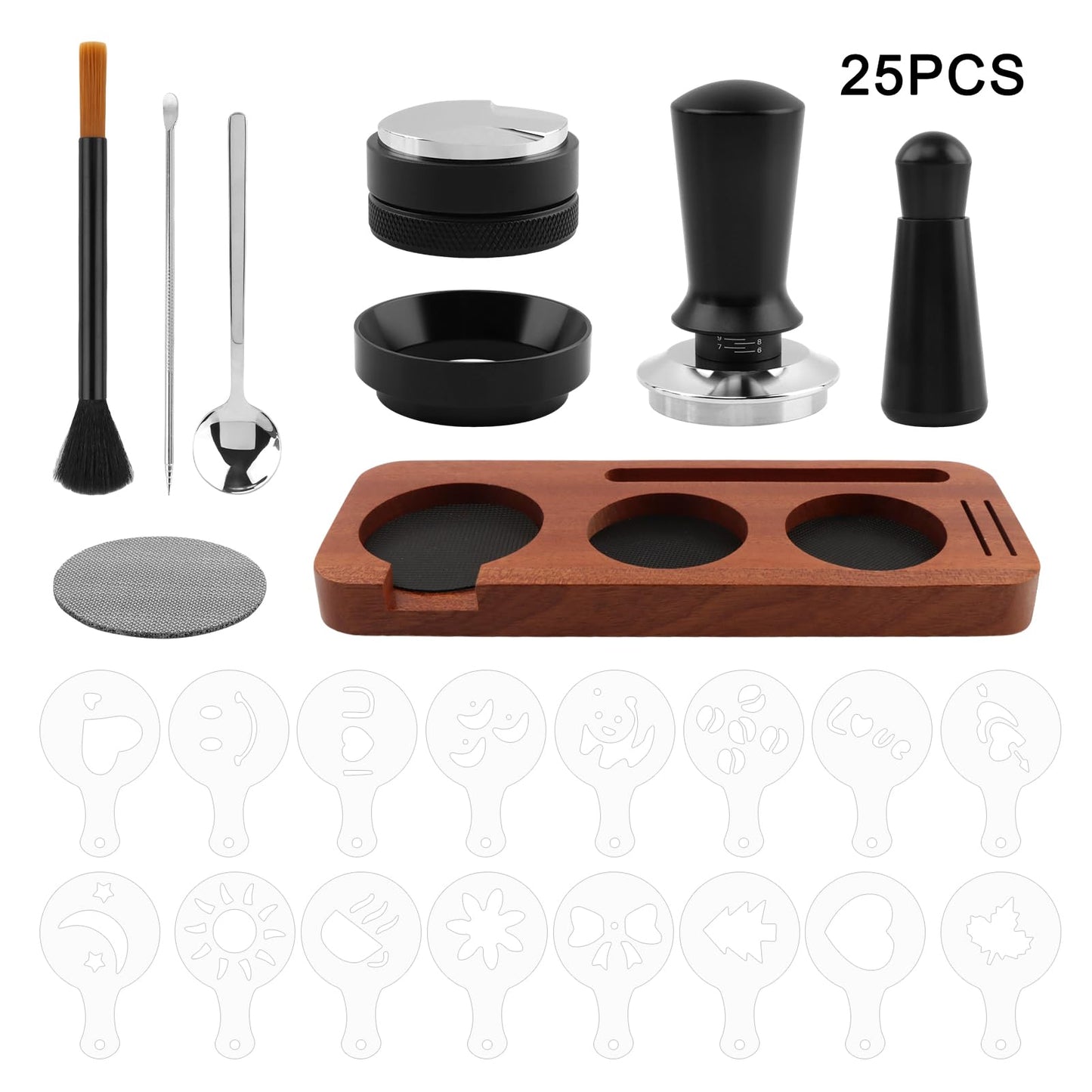 25 Pcs Professional Espresso Coffee Barista Accessories Set, 51mm Spring Loaded Tamper, WDT Tool, Coffee Distributor, Magnetic Dosing Funnel, Puck Screen, Wooden Tamper Station