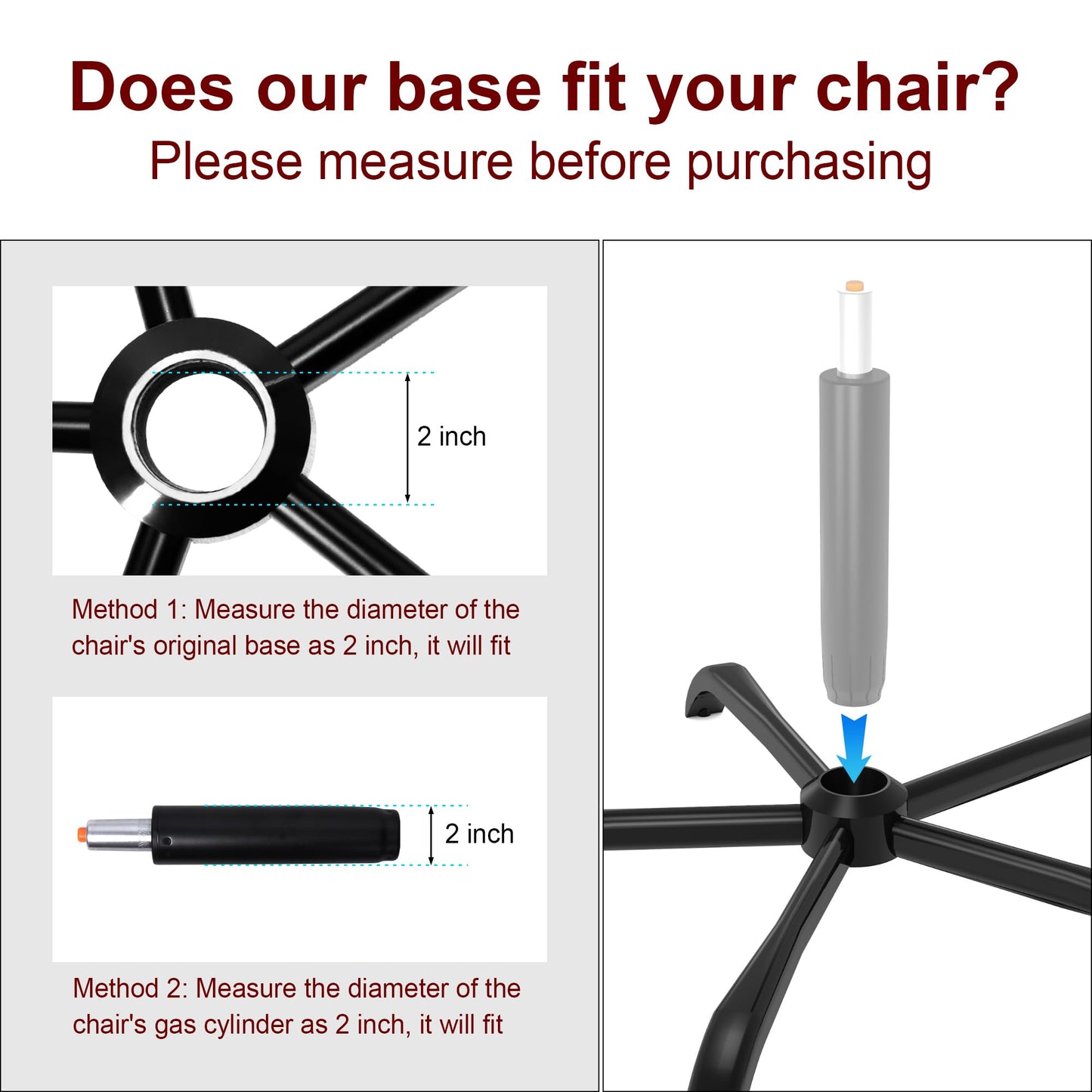 Frassie 28 Inch Office Chair Metal Base Replacement Heavy Duty 2500 Lbs Computer Desk Chair Stool Base Part with 5 Casters