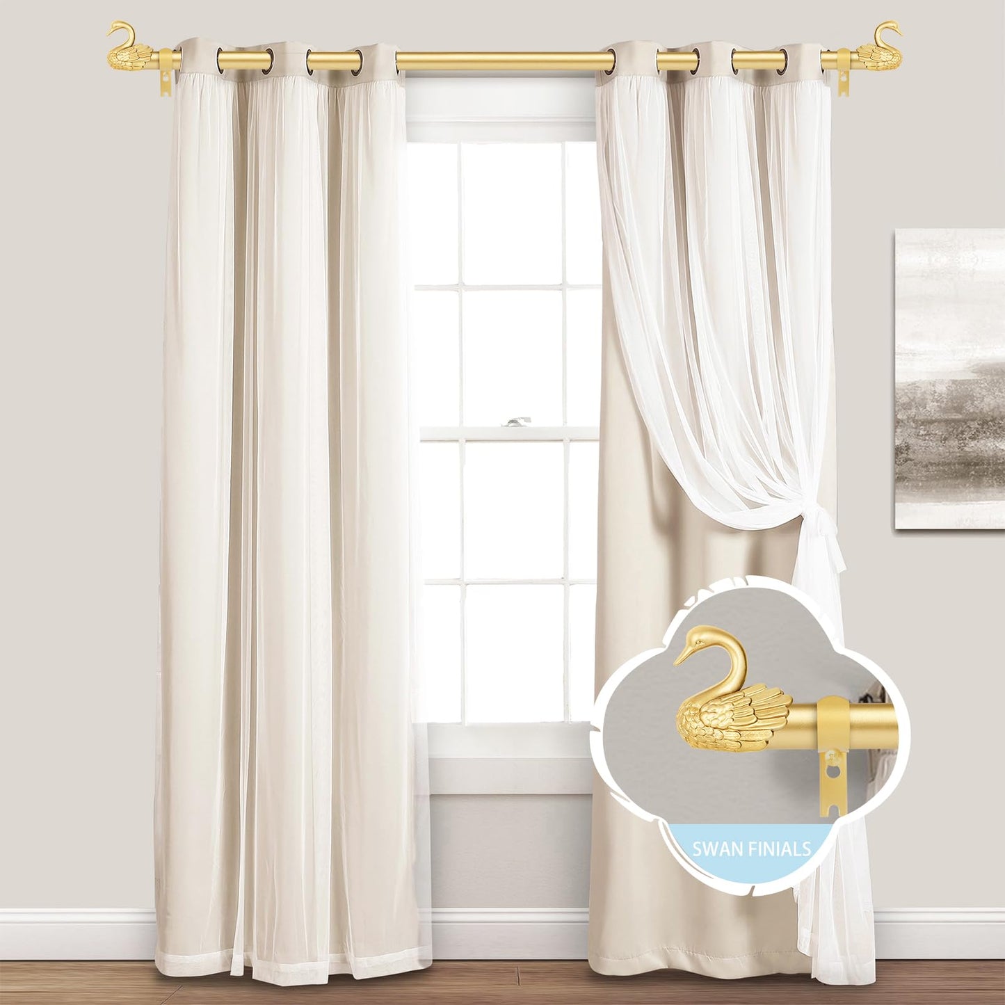 TANGWIN 2 Pack Gold Curtain Rods 48 to 84 Inch,1 Inch Heavy Duty Curtain Rods with Brackets,Adjustable Curtain Rod Set,Decorative Swan Finials Drapery Pole,Single Rod for Bedroom 36-88",Brass Gold