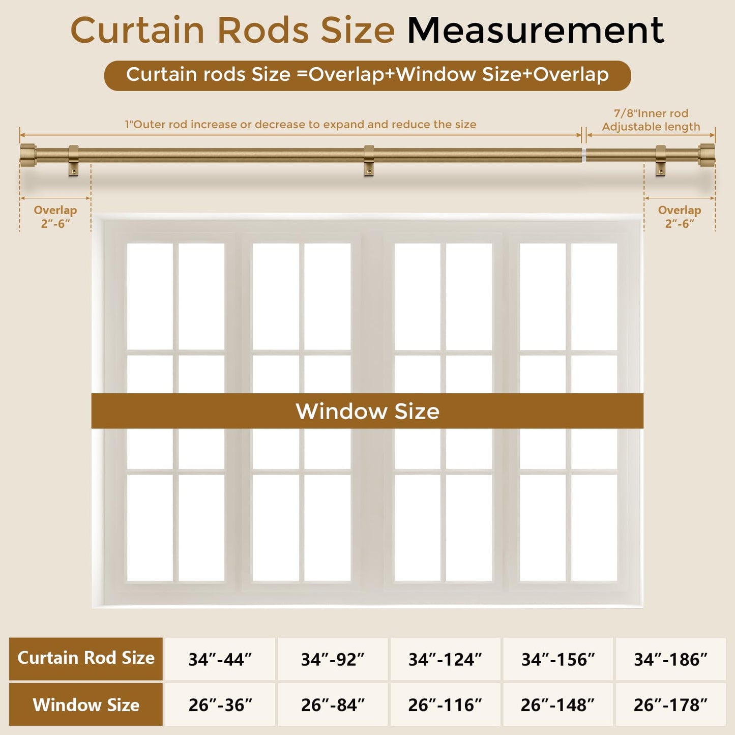 Wolistsa Brass Gold Curtain Rod 34-124 Inch, Brushed Warm Gold 1” Adjustable Long Heavy Duty Curtain Rods for Windows, Decorative Antique Bronze Window Treatment Rods with Modern Solid Aluminum Finial
