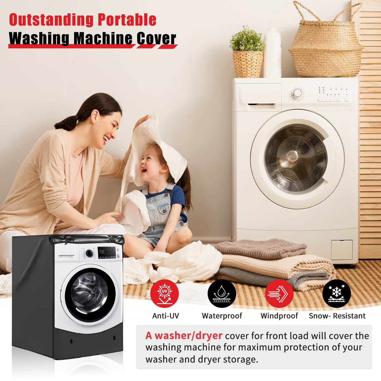 Washer and Dryer Covers 2PCS,Heavy Duty 420D Oxford Washer Dryer Cover for Front-Loading,Washing Machine Cover with 2 Waterproof Zippers and 3 Windproof Buckles