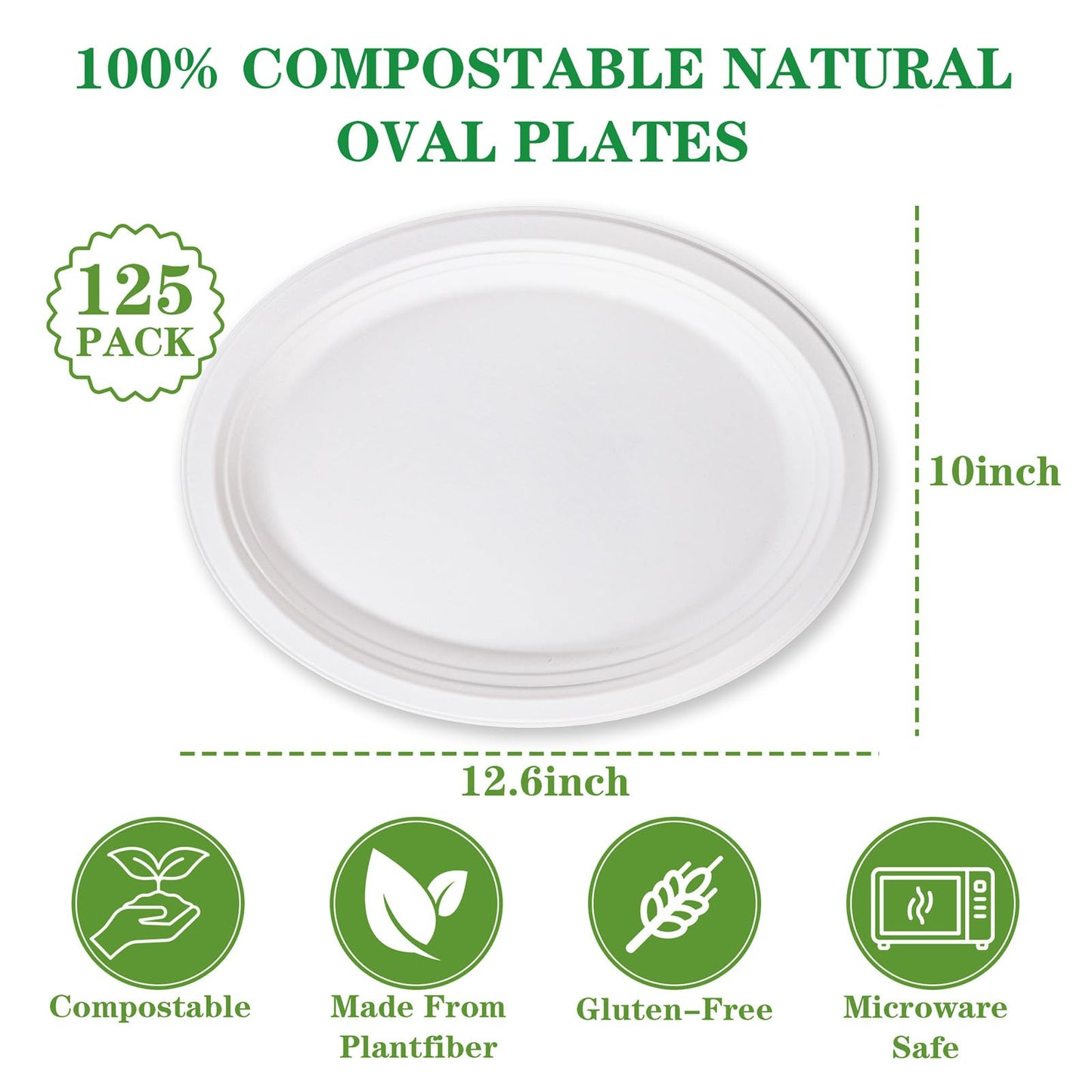 DaYammi 100% Compostable Oval Paper Plates 12 Inch, 125-Pack Heavy Duty Paper Plates Bulk,Biodegradable Bagasse,Eco-Friendly Disposable Dinner Plate for BBQ,Picnic,Party (BPI Certified,Microwaveable)