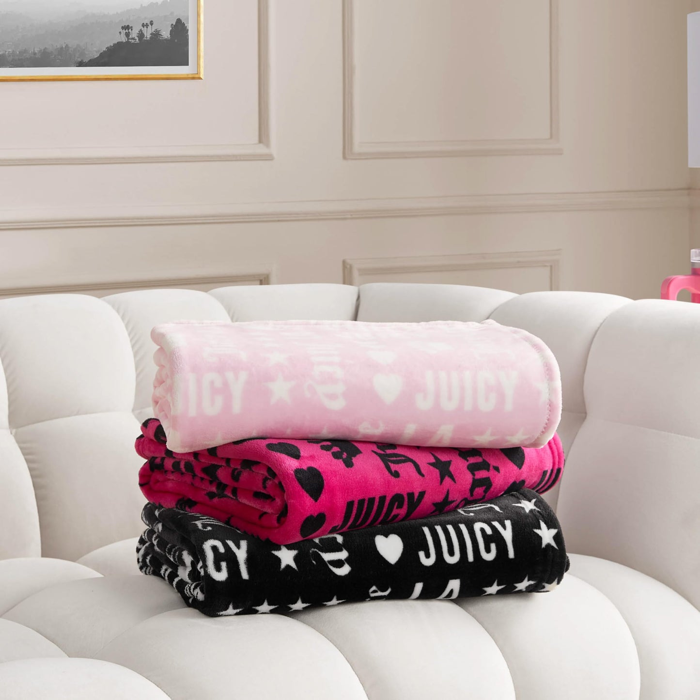 Juicy Couture Luxurious Throw Blanket for Couch - 50” x 70” Inches - Crown Royal Blanket - Plush & Cozy Throw Blanket - Decorative Blankets for Sofas, Throws for Chairs, and Beds – Hot Pink/Black