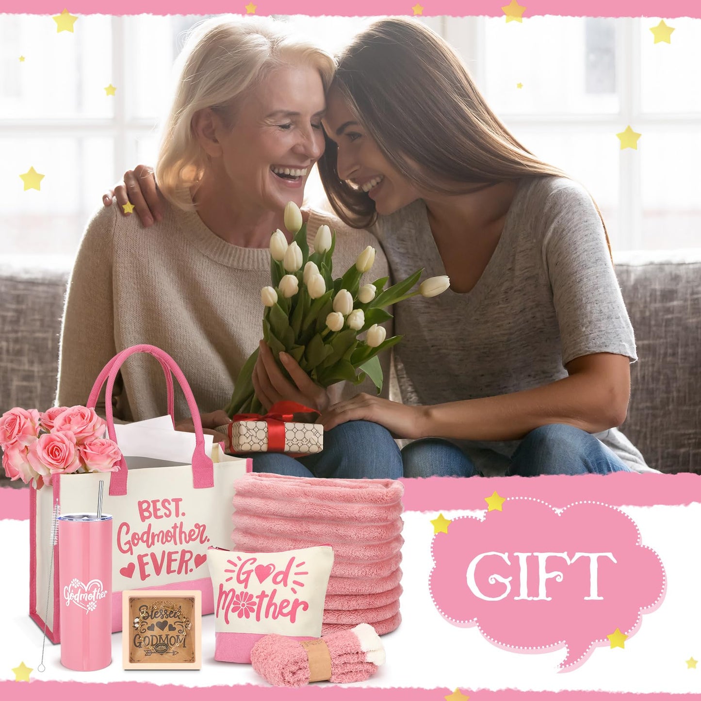 Geiserailie 6 Pcs Godmother Proposal Gift Set Will You Be My Godmother Gift Idea God Mother Gifts for Women Stainless Steel Tumbler Godmom Bag Makeup Bag Blanket Bracelet Socks(Pink)