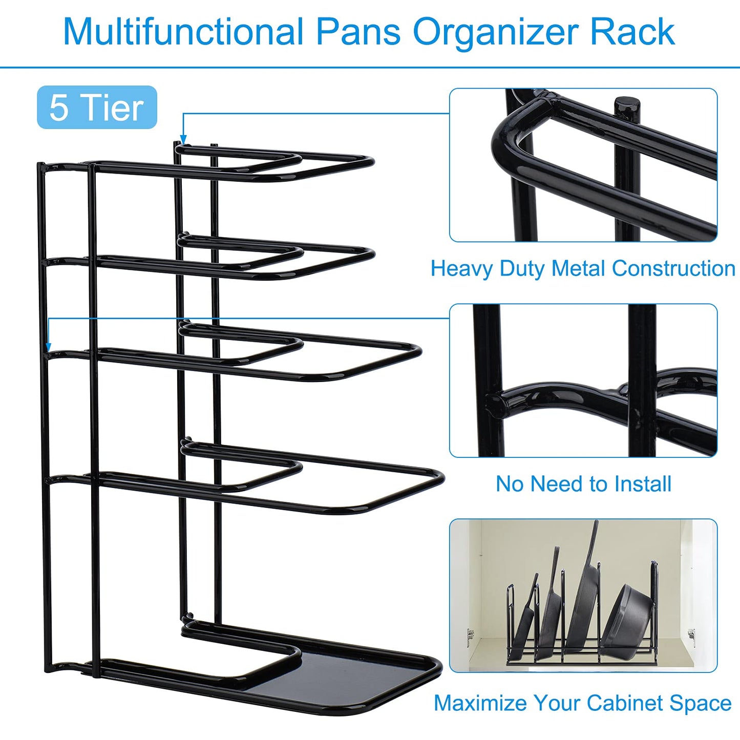 Toplife 2 Pack Heavy Duty Pan Organizer, 5 Tier Pot and Pan Organizer Rack for Cast Iron Skillets, Griddles and Pots - Sturdy Steel Construction- No Assembly Required - Black