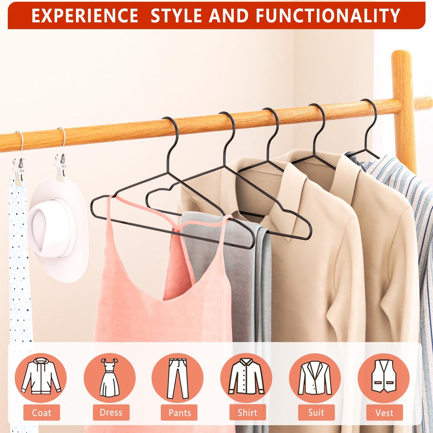 40Pack+5 Clips Luxurious Hanger Set, 16.69" Heavy Duty Metal Hangers, Upgraded Thicker Sturdier Weight Capacity 50lbs, Sturdy Black Metal Hangers for Home and Commercial