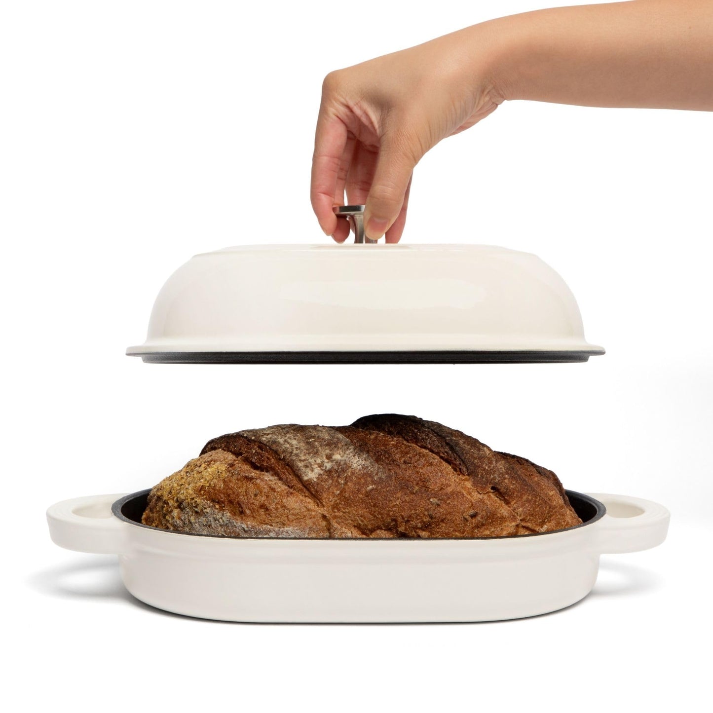 TOMO Cast Iron Oval Bread Oven, 10" x 6.5" - Rustic Dutch Oven Bread Cloche with Steam Circulating Lid for Perfect Sourdough