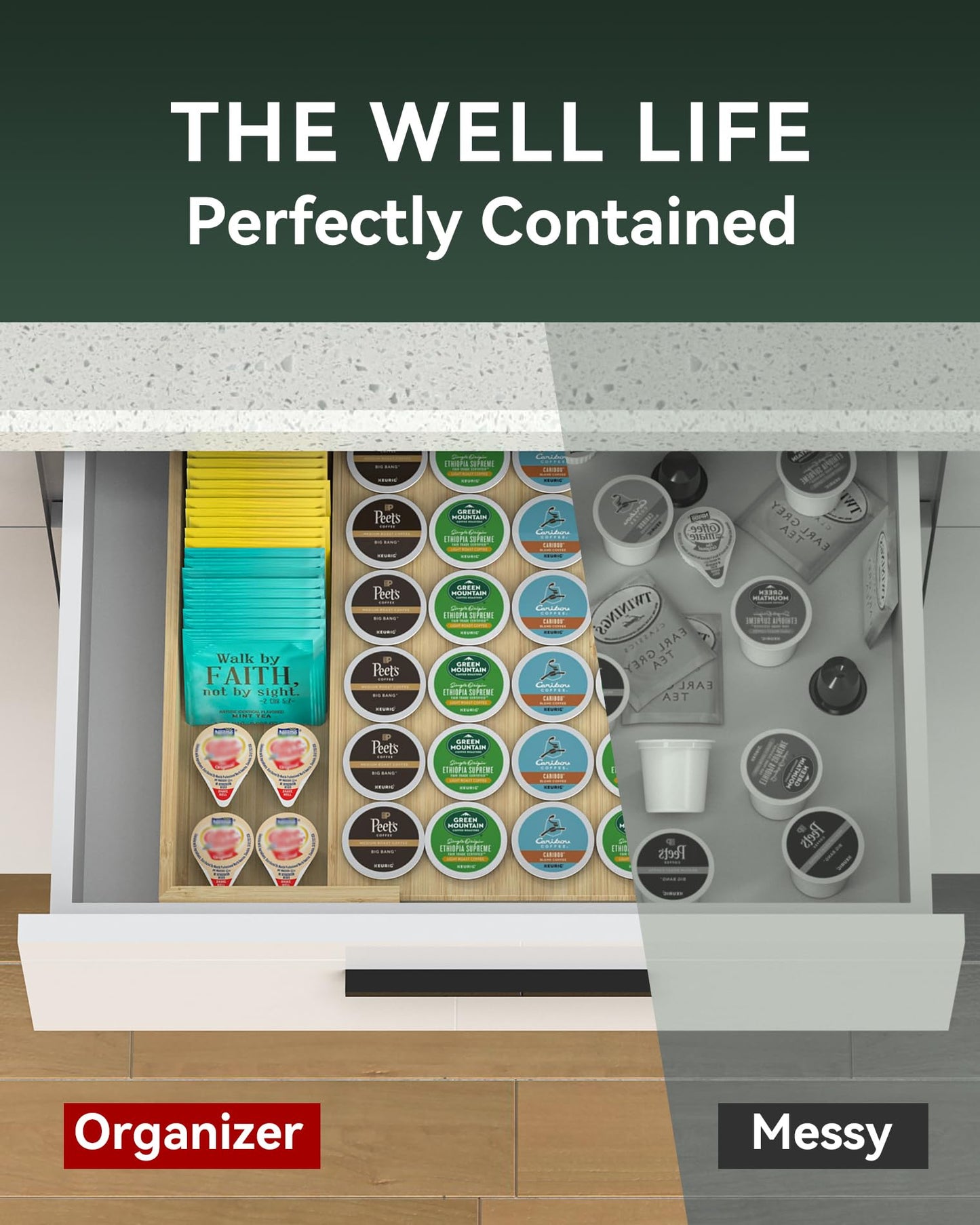 WELL WENG Larger Expandable Bamboo Coffee Pod Holder for Counter Drawer Display, 35 Pod Capacity, K-Cup Pods - Tea Bags Storage Organizer Holder (Bamboo)