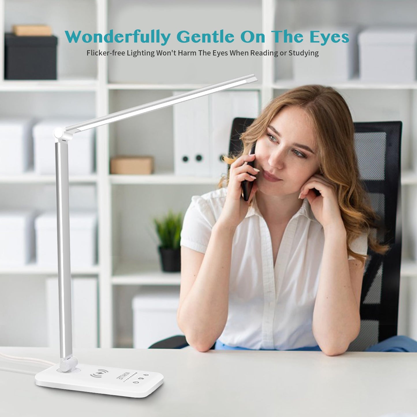 MCHATTE LED Desk Lamp with Wireless Charger, USB Charging Port, Dimmable Eye-Caring Desk Light with 5 Brightness Levels & 5 Lighting Modes, Touch Control, Auto Timer (White)