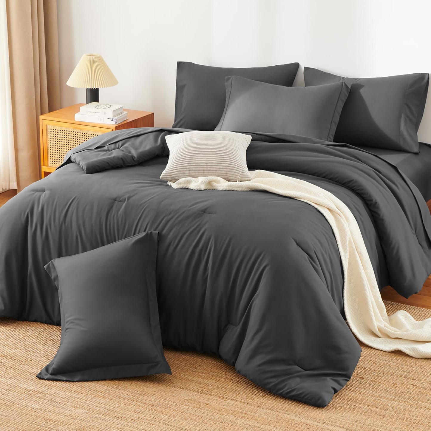 HIMEET Full Size Comforter Sets - 7 Pieces Bed in a Bag Full, Luxury Comforter Set with Sheets for All Season, Bed Set with Comforter, Flat Sheet, Fitted Sheet, Pillowcases & Shams, Dark Grey