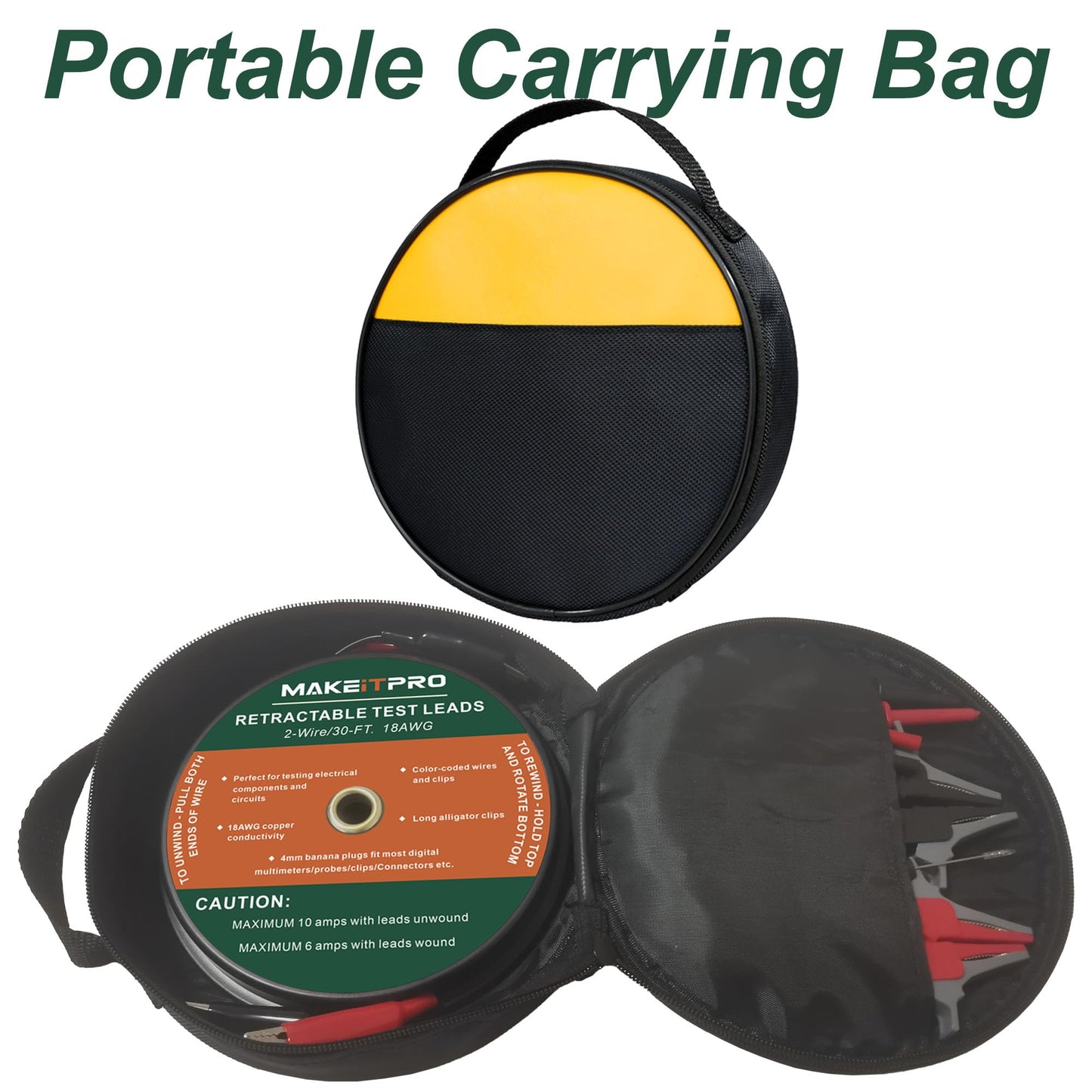 MAKEITPRO 2 Wires 30FT 18AWG Retractable Test Leads with Cable Bag and Dual Ended Electrical Alligator Clips Test Probe Lead Wire Cables for Circuit Connection/Electrical Testing and Troubleshooting