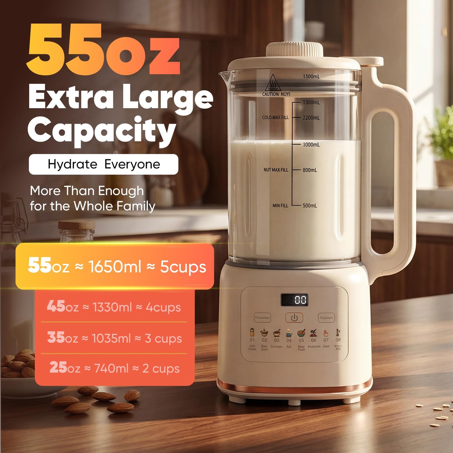 55oz Nut Milk Maker, Automatic Plant-Based Milk Machine with 48 Blades, Soy/Almond/Oat Milk Maker, Delay Start & Keep Warm, Self-Clean, Touch Control, Stainless Steel Jar, for Hot or Cold Drinks