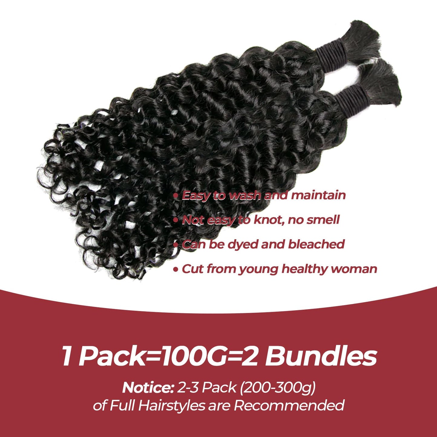 100 Percent Human Braiding Hair for Boho Braids - 24 Inch Curly Human Hair, 2 Bundles, 100g, Deep Wave, Knotless Braids (1B, 24inch)