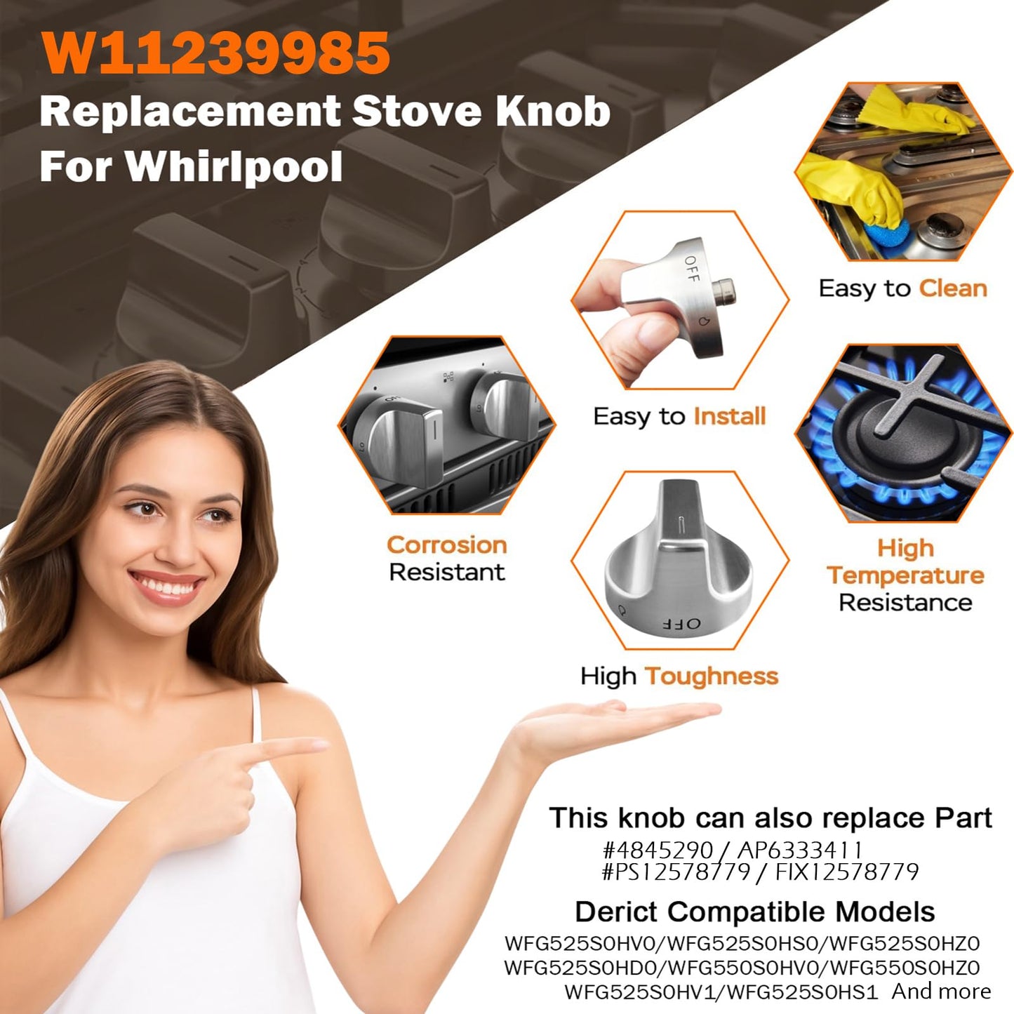(5Pcs) W11239985 Gas Stove Knobs Replacements Compatible with Whirlpool WFG525S0HZ1 WFG550S0HZ1 WFG525S0HZ0 WFG525S0JV0 WFG535S0JV1, Range Oven Knob Replace Part PD00061875 AP6333411 W10850015