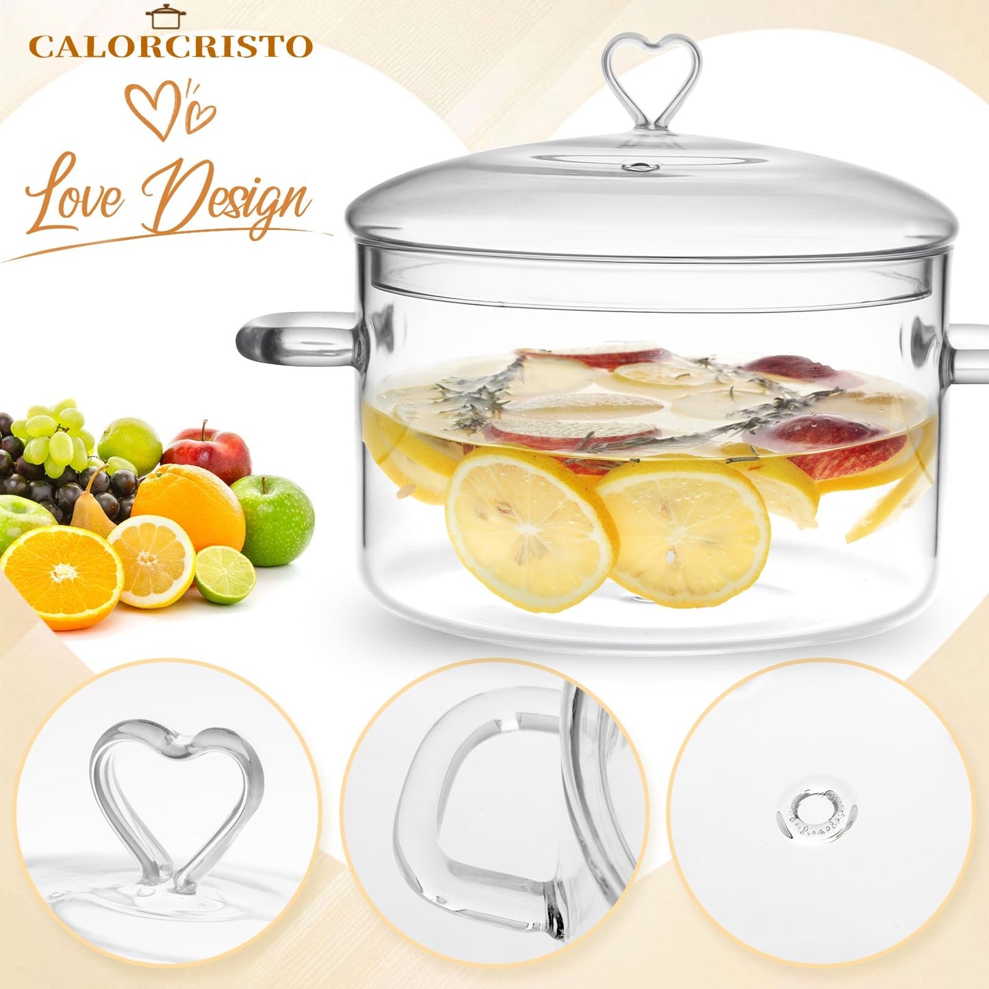 4 L Glass Cooking Pot with Lid, Glass Simmer Pot, Save Energy, Heat Resistant, for Water-based Recipes. Heart Shape Lid, Clear, 4.2QT(4000ml)