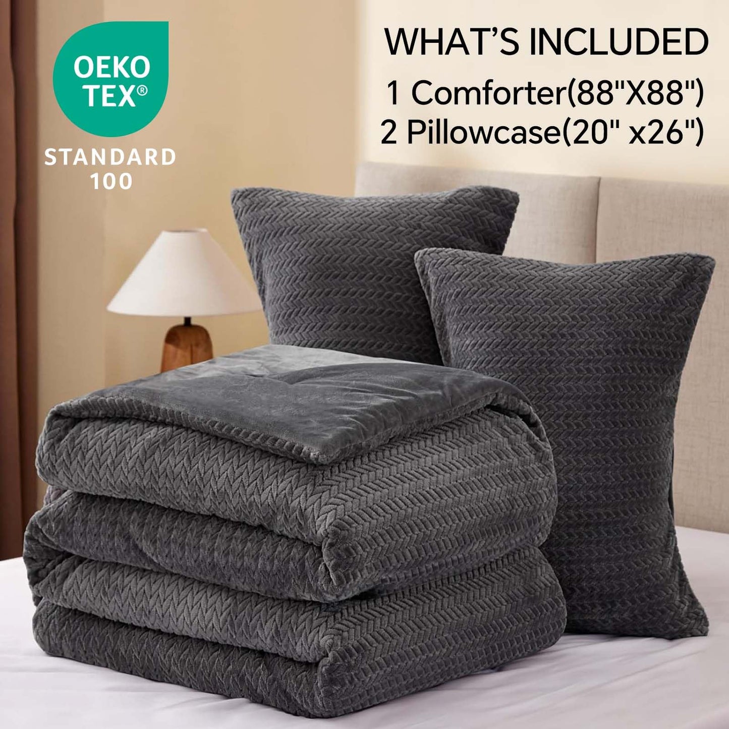 ChiXpace Flannel Fleece Queen Comforter Set - Ultra Soft Furry Grey Leaves Pattern Faux Fur Bed Set, Winter Fuzzy Fluffy Comfort Set, Velvet Bedding Set for Bed with 2 Pillow Cases