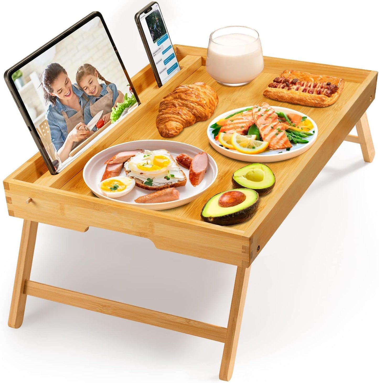 Bamboo Bed Tray Table, Large Breakfast Tray with Folding Legs, Multipurpose Serving Tray Use As Portable Laptop Snack Table, for Working, Eating, Reading by Pipishell