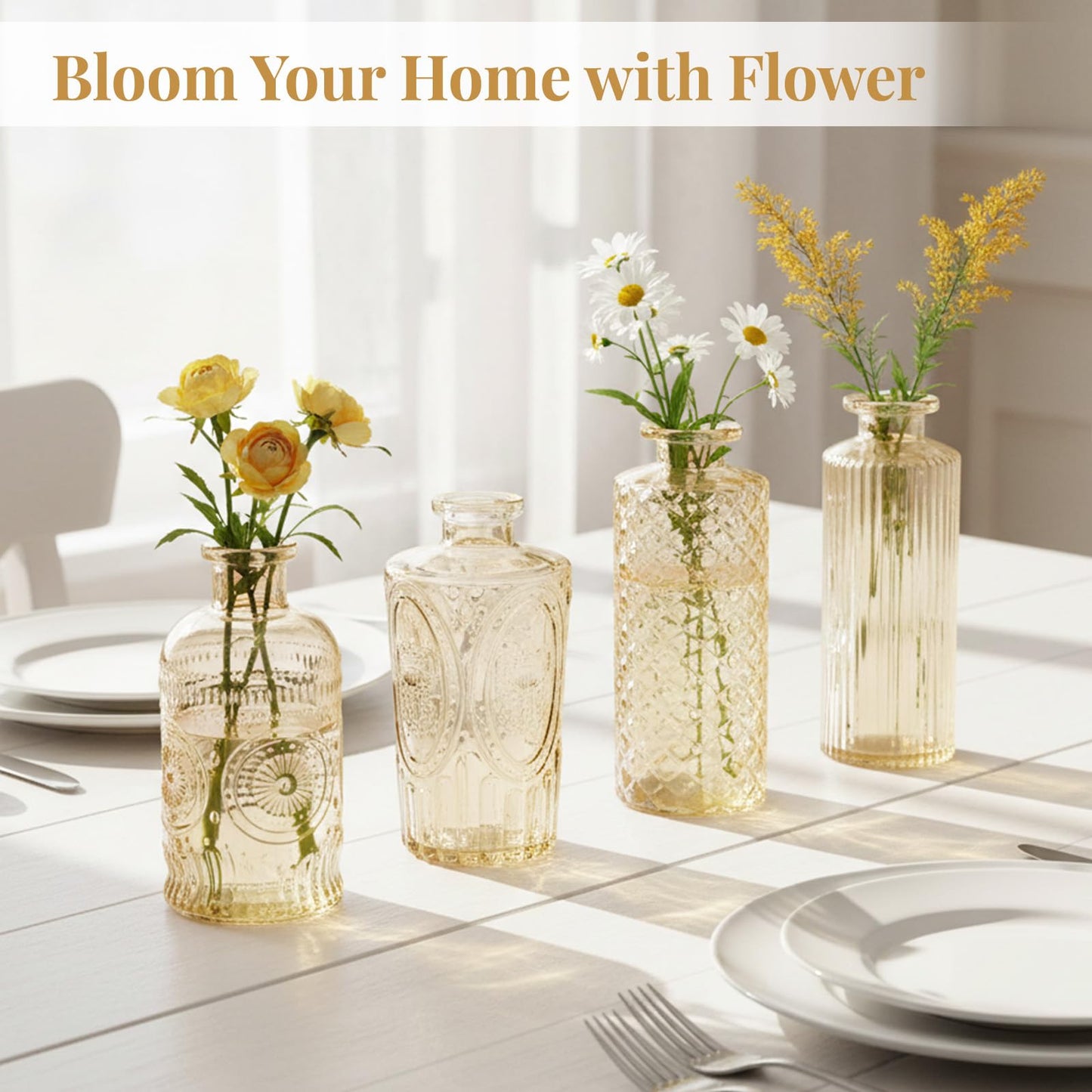 24 Pack Bud Vase in Bulk - BEAHOT Gold Flower Vases for Wedding Decorations, Glass Vase for Table Decorations, Small Vase for Home, Mother's Day, Centerpieces, Party, Office (Gold)