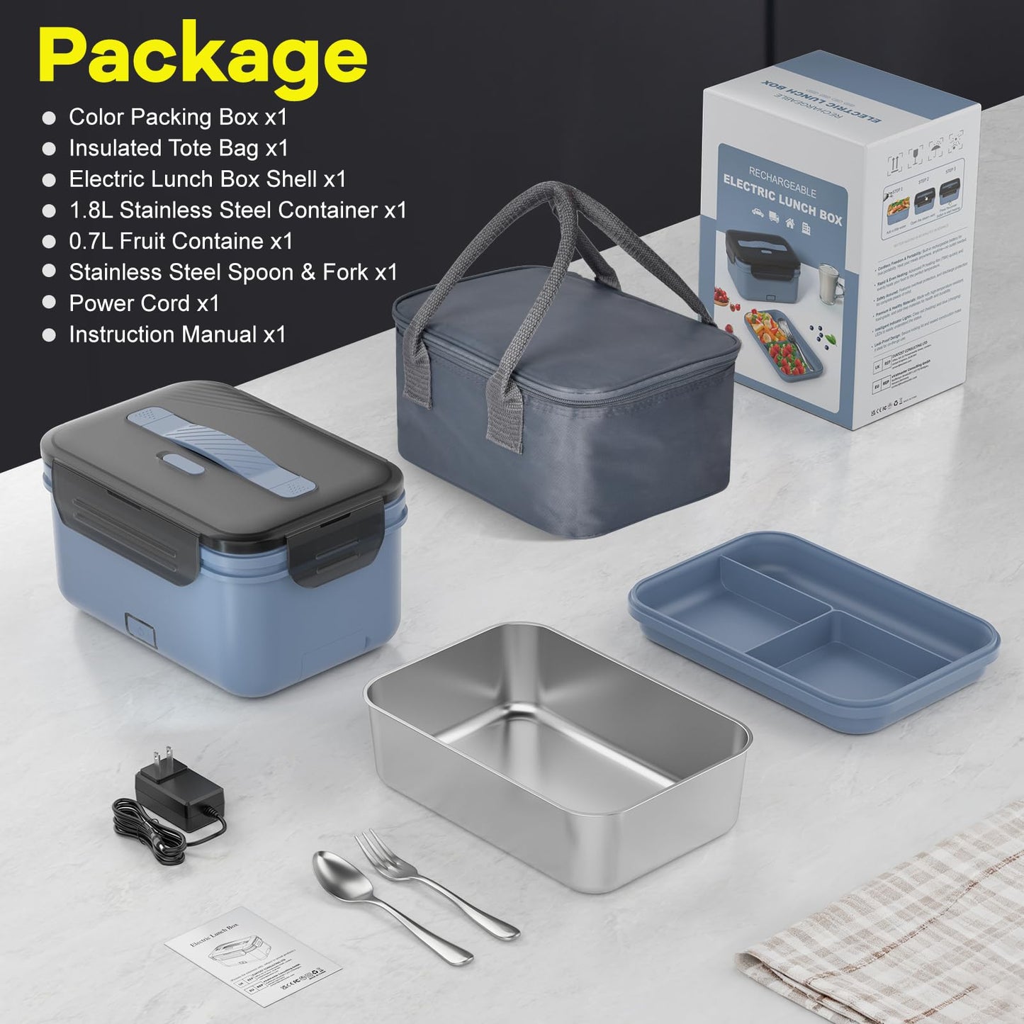 Monteka Cordless Electric Lunch Box for Adults, 1.8L Rechargeable Portable Food Warmer Heated Lunch Box, Christmas White Elephant Gifts, Suitable for Office, Picnic, Car, Construction Site