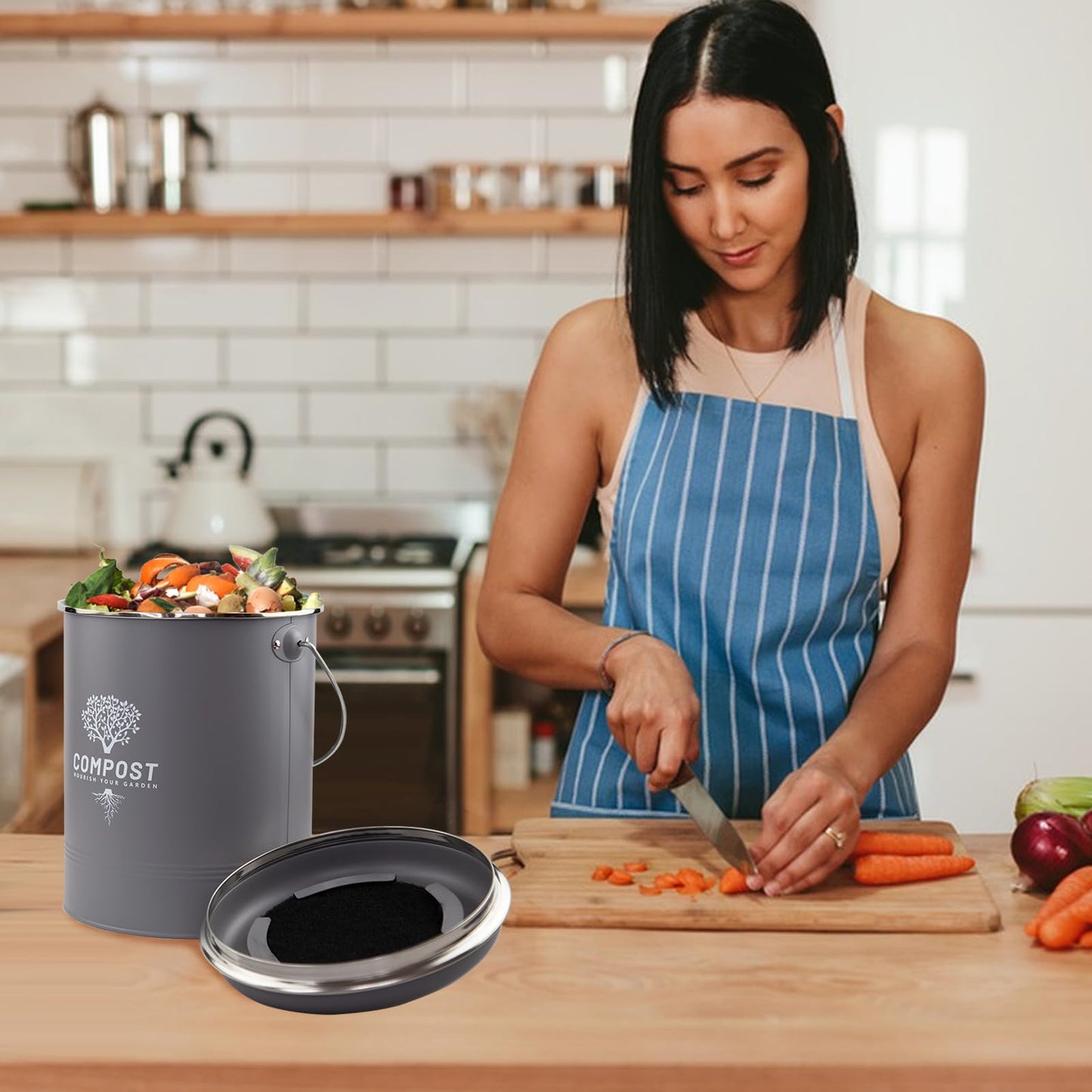 Holismo Kitchen Countertop Compost Bin, Odor Resistant Indoor Compost Bin with Lid and Charcoal Filter, Rust Resistant Coated Compost Bucket, Compost Container, Gray