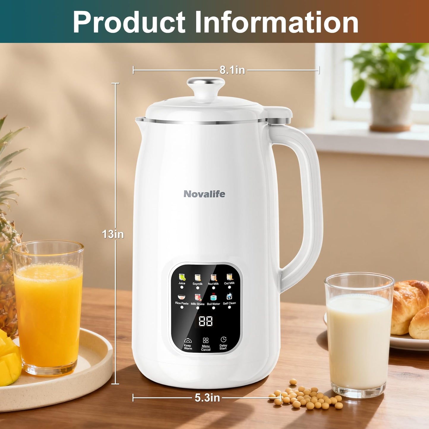 8 in 1 Nut Milk Maker Machine, 40oz Automatic Soy Milk Maker Blender, Homemade Soy Milk, Oat Milk, Almond Milk, Juice, Plant Based and Non Dairy Beverages, 12H Delay Start/Keep Warm/Self Cleaning